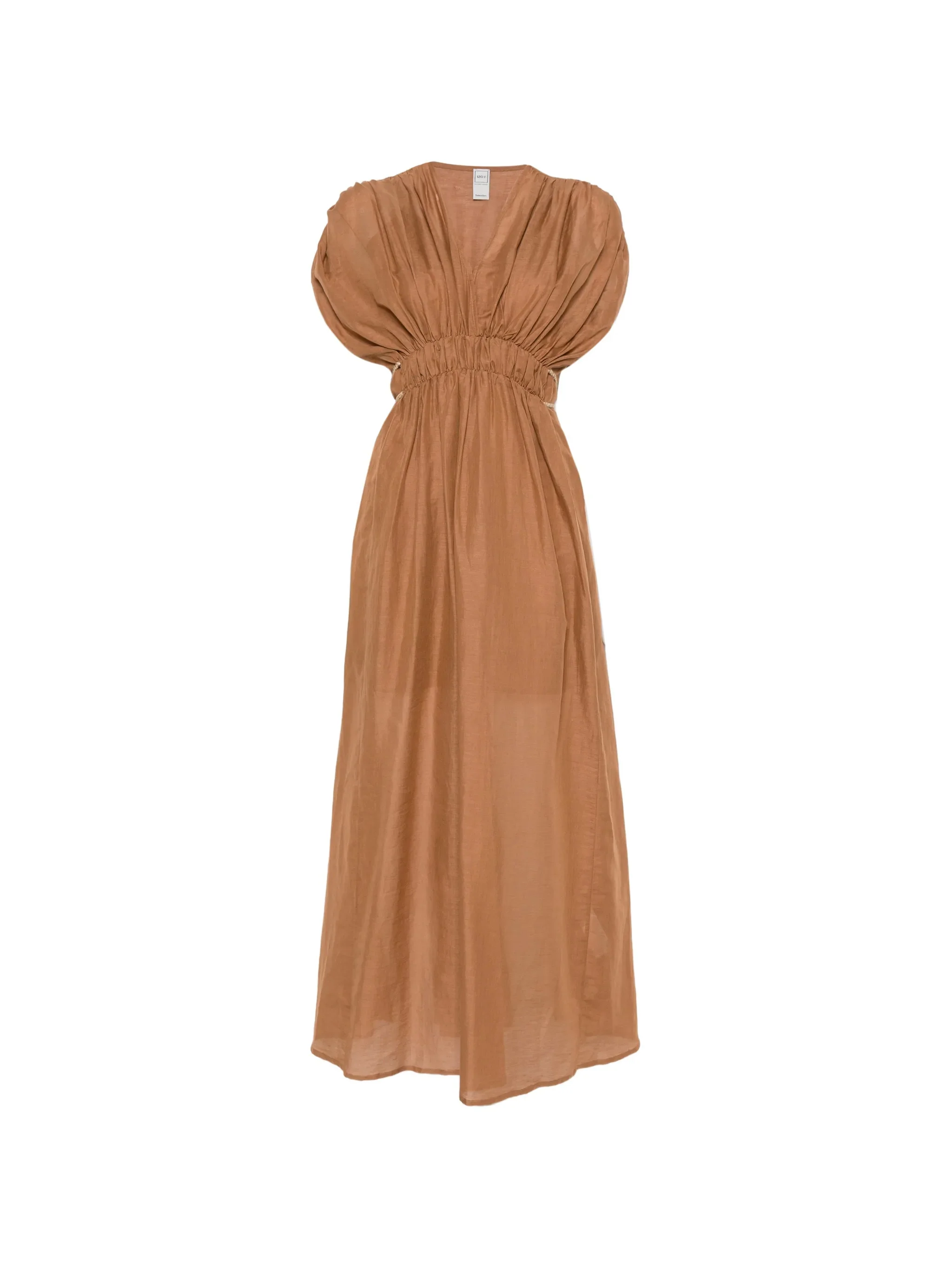 120% Lino V-neck Mini Dress with Gathered Details and Adjustable Ties (Size 38)