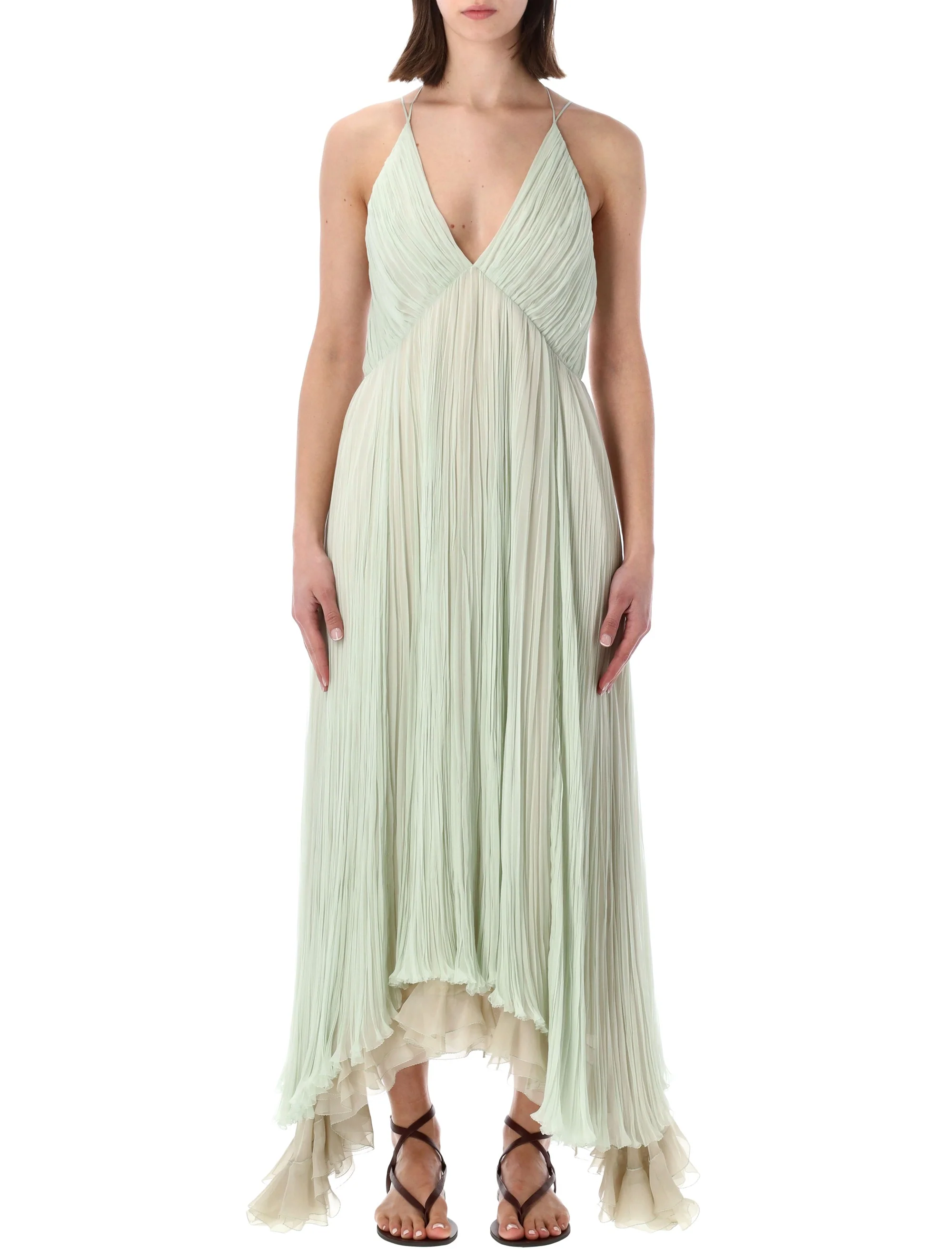 Alberta Ferretti Fluid Plissé Chiffon Maxi Dress with Open Back and Thin Straps (Size 40)