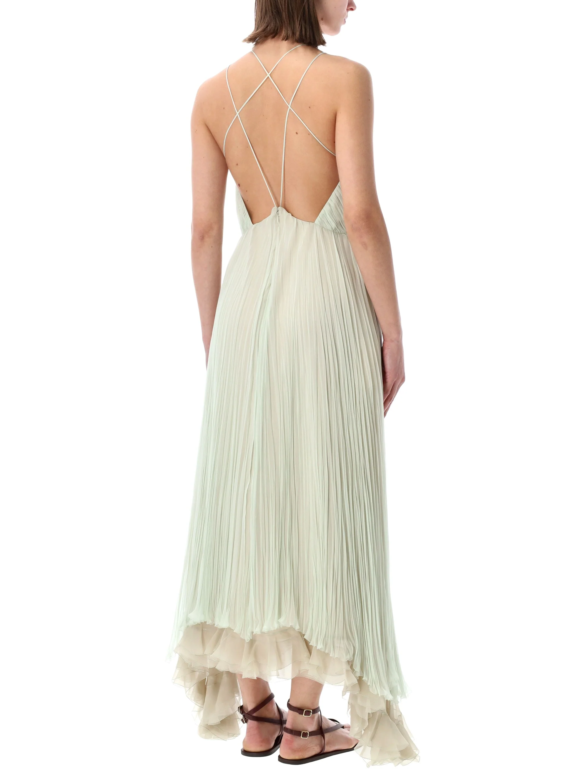 Alberta Ferretti Fluid Plissé Chiffon Maxi Dress with Open Back and Thin Straps (Size 40) - Image 2