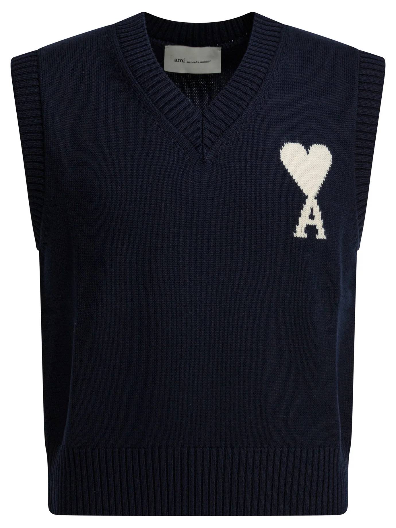 Ami Paris Blue Wool and Cotton Sleeveless Ami de Coeur Sweater