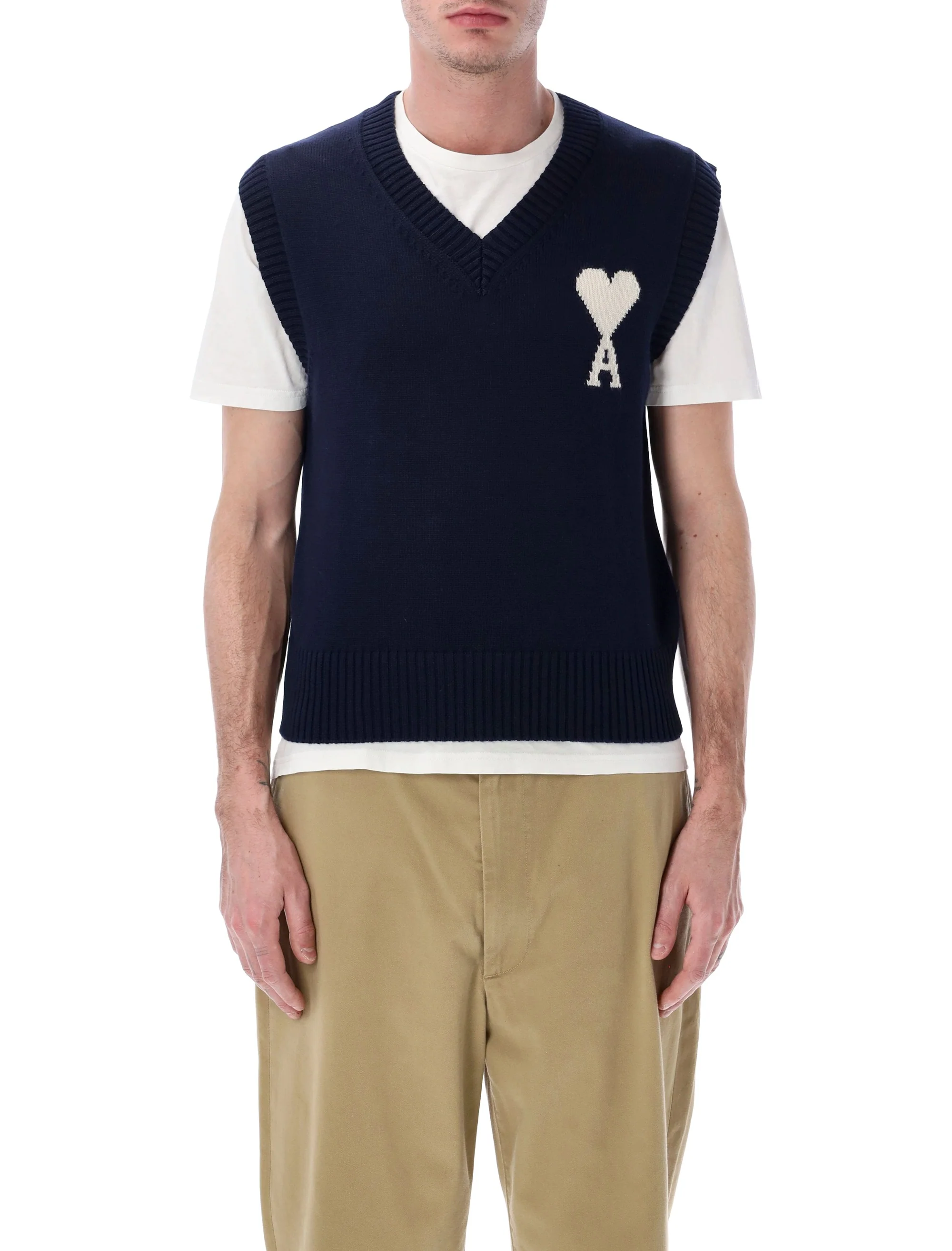 Ami Paris Blue Wool and Cotton Sleeveless Ami de Coeur Sweater - Image 5