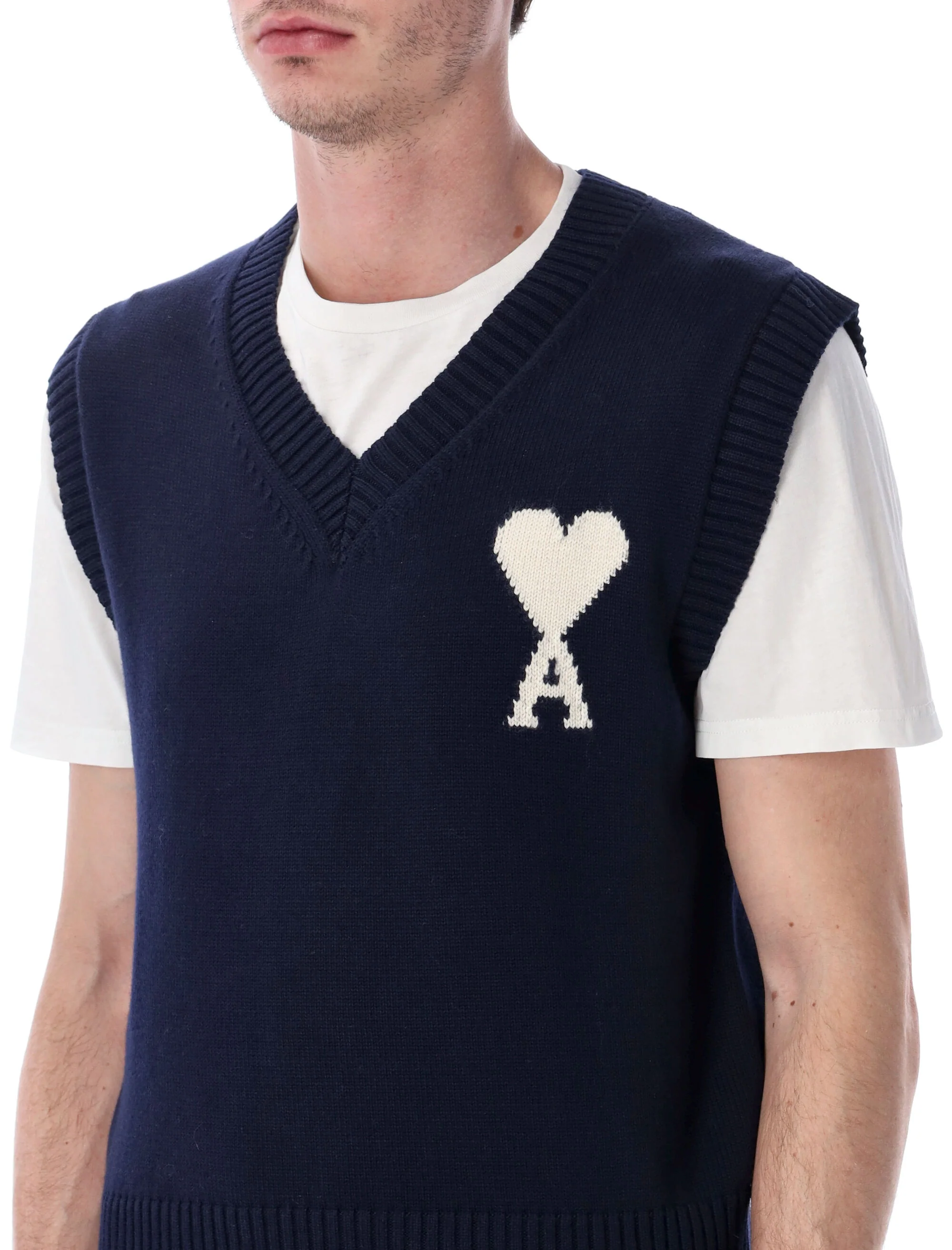 Ami Paris Blue Wool and Cotton Sleeveless Ami de Coeur Sweater - Image 7