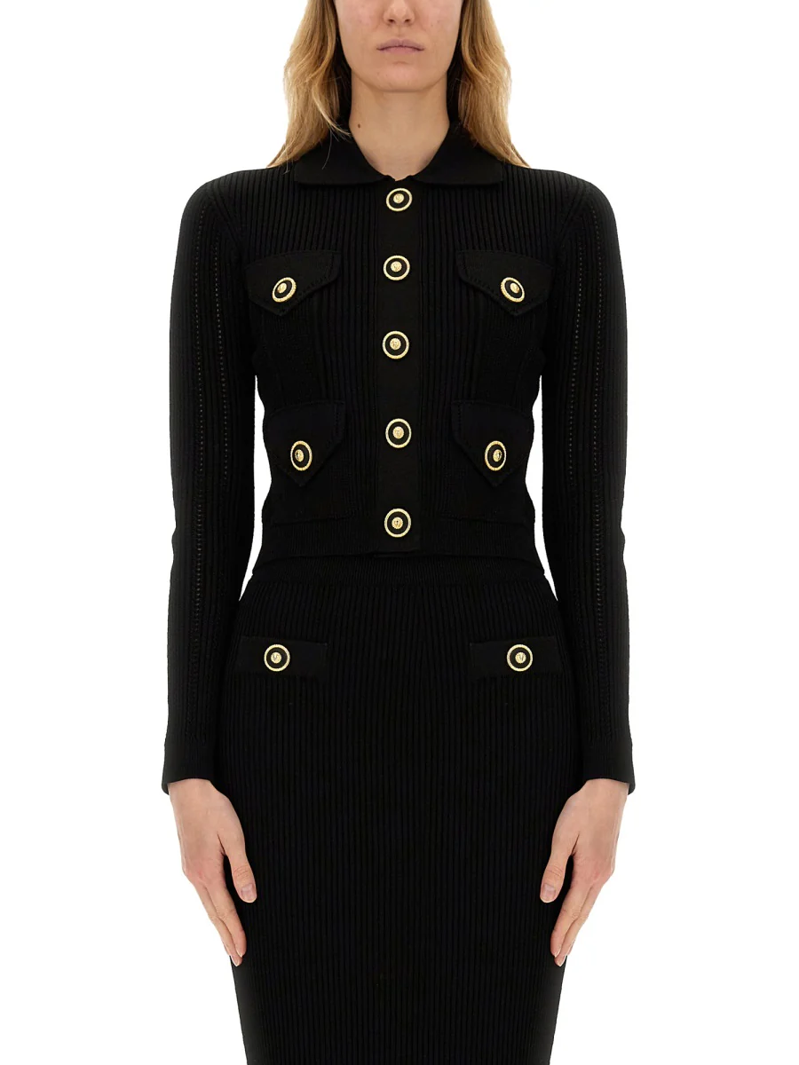 BALMAIN Cropped Ribbed Knit Cardigan with Openwork Details