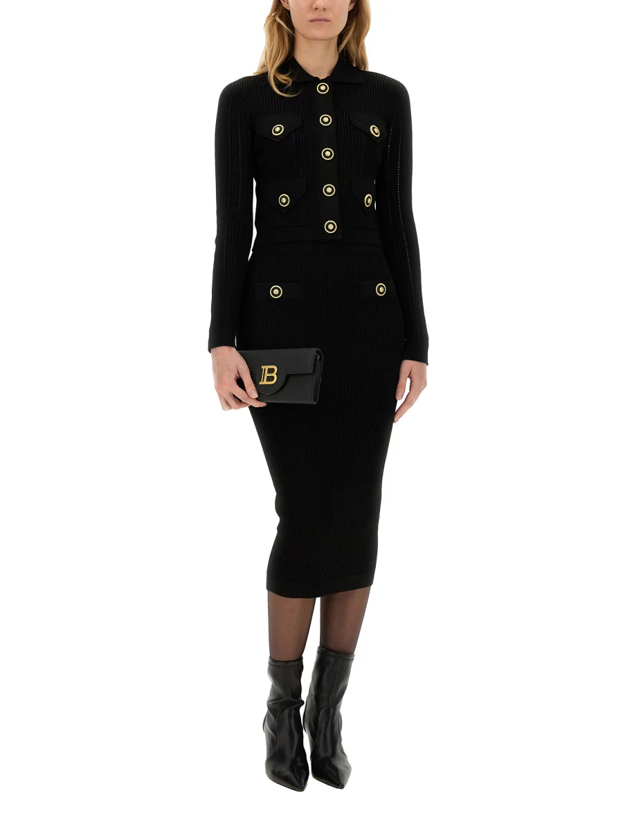 BALMAIN Cropped Ribbed Knit Cardigan with Openwork Details - Image 2