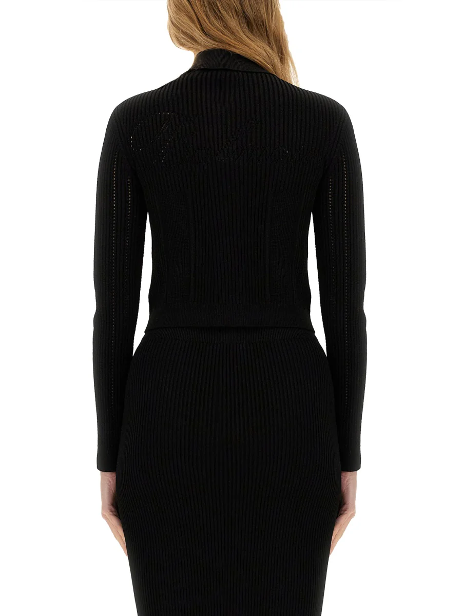 BALMAIN Cropped Ribbed Knit Cardigan with Openwork Details - Image 3