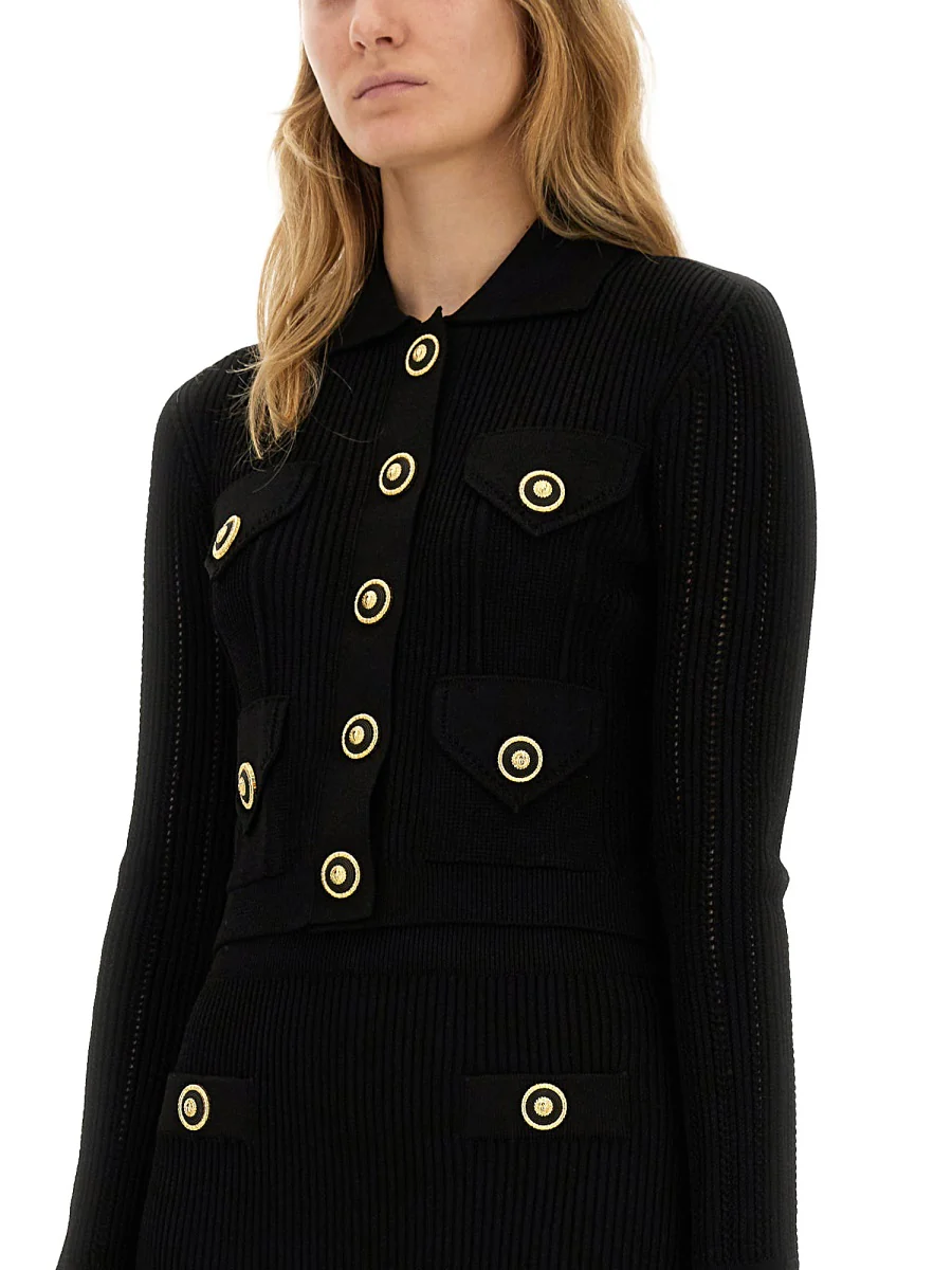 BALMAIN Cropped Ribbed Knit Cardigan with Openwork Details - Image 4