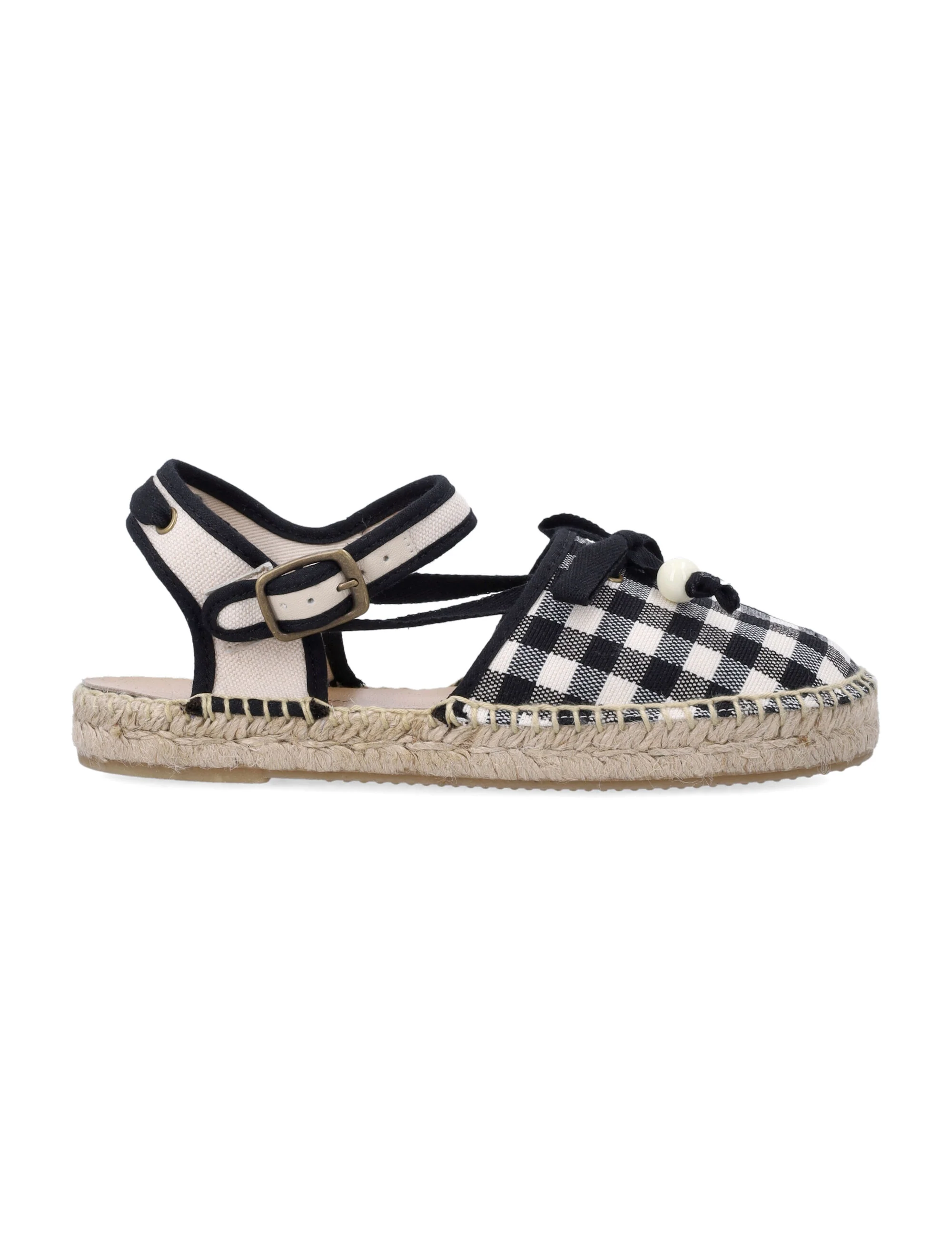 Bonpoint Mini Gingham Espadrilles with Bow and Cherry Stud