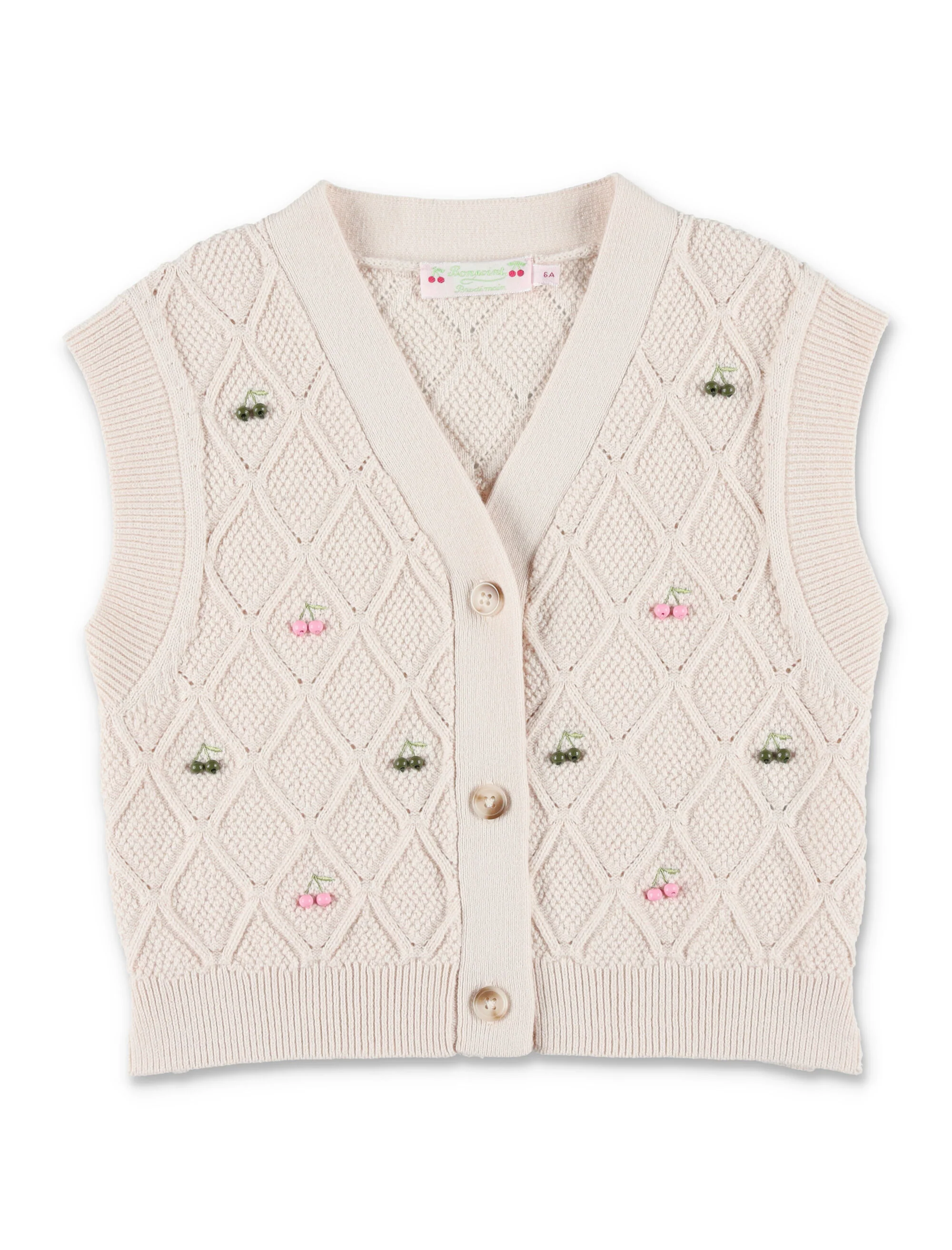 Bonpoint Sleeveless V-Neck Mini Cardigan with Cherry Embroidery