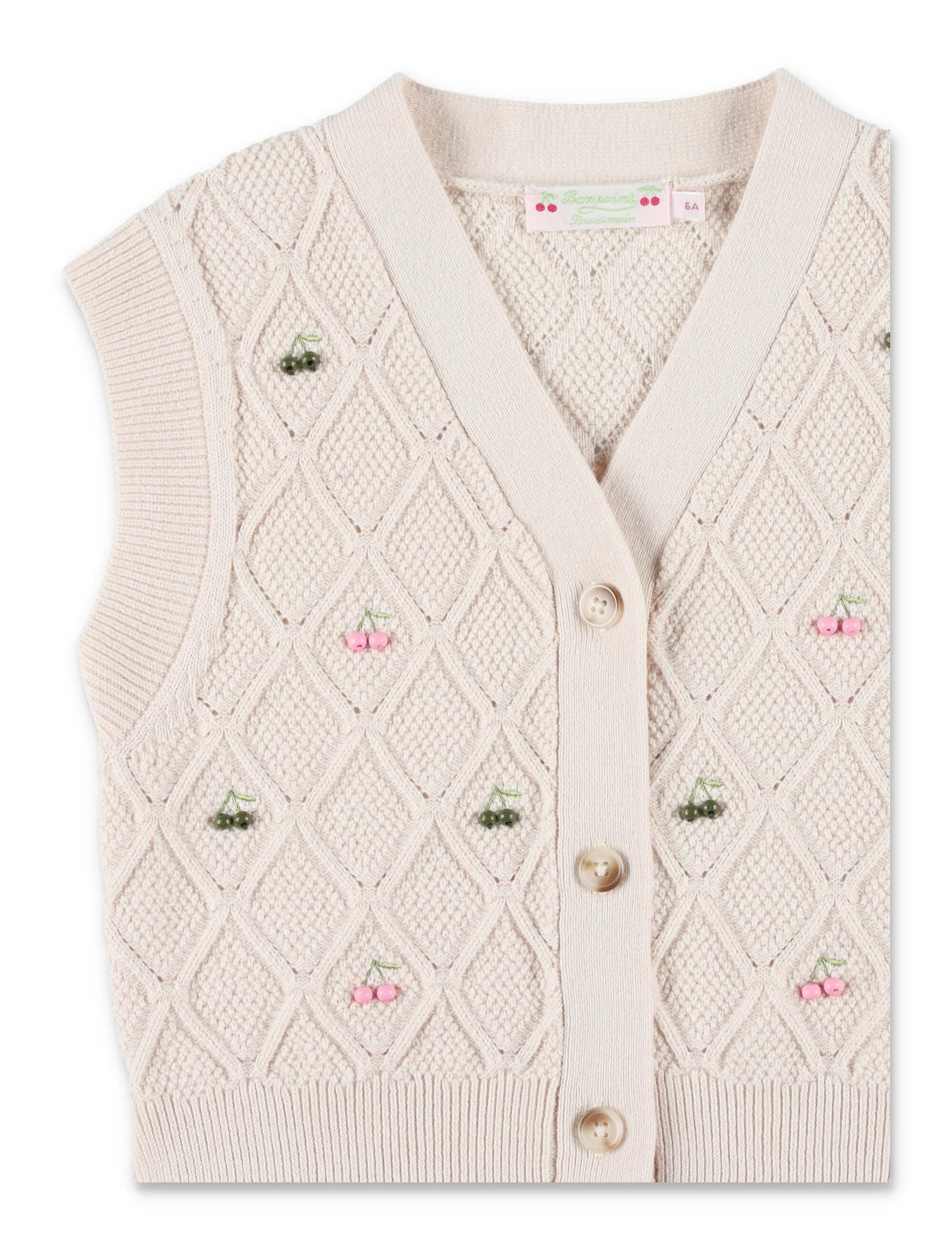 Bonpoint Sleeveless V-Neck Mini Cardigan with Cherry Embroidery - Image 2