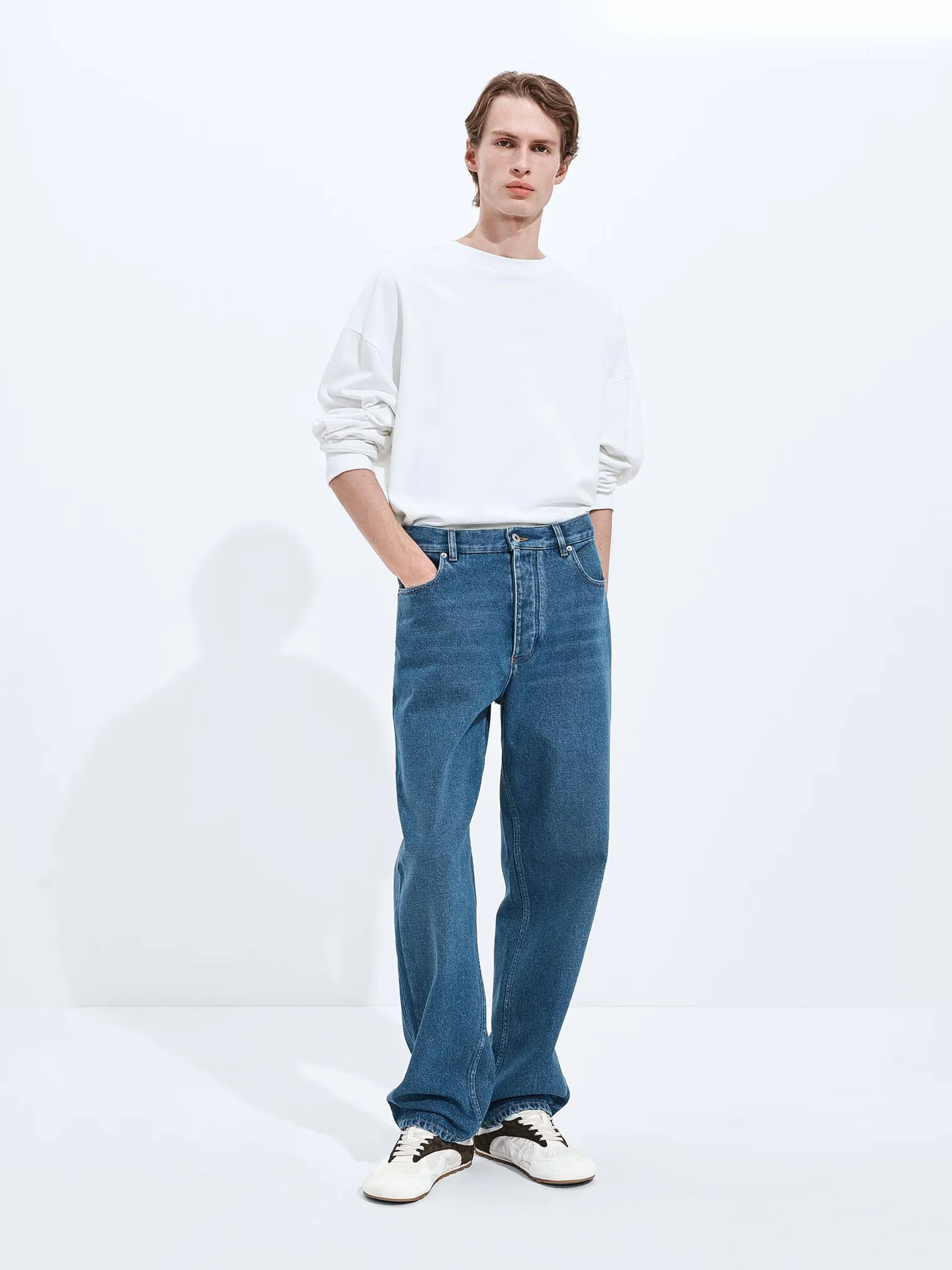 Bottega Veneta Wide Leg Jeans with Embossed Leather Patch - Size 46