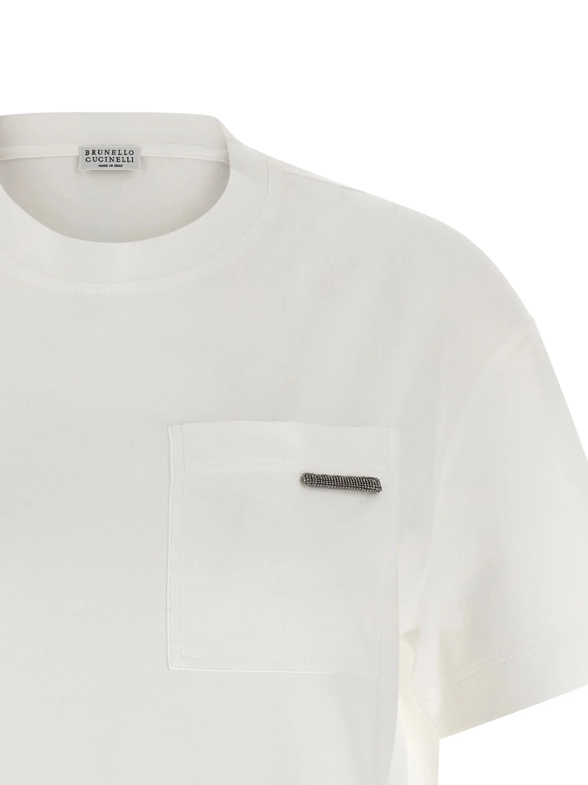 Brunello Cucinelli Cotton T-shirt with Pocket and Jewelry Application - Image 3