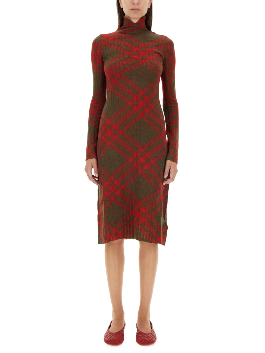 BURBERRY Long Sleeve Checkered Wool Blend Shift Dress, Size Small