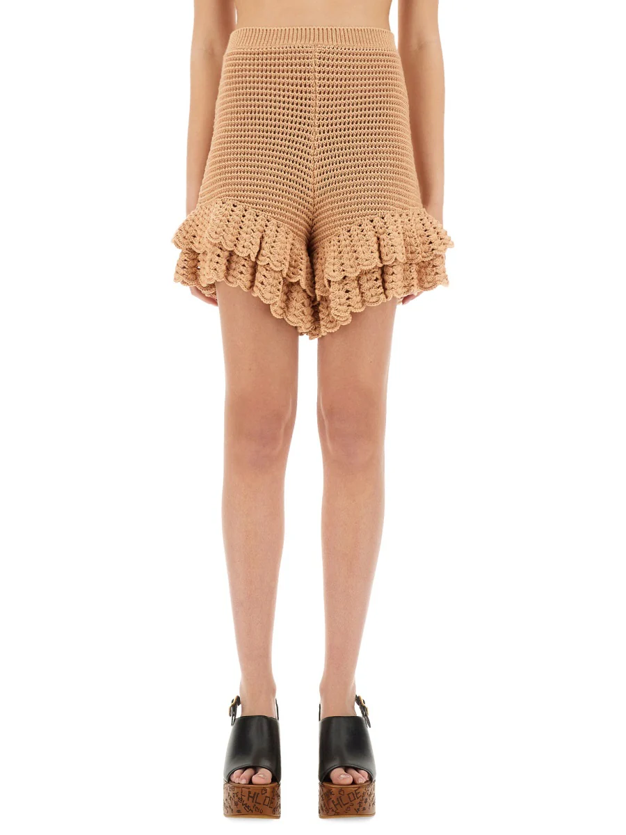CHLOÉ Crochet Knit Mini Shorts with Ruffles - Image 5