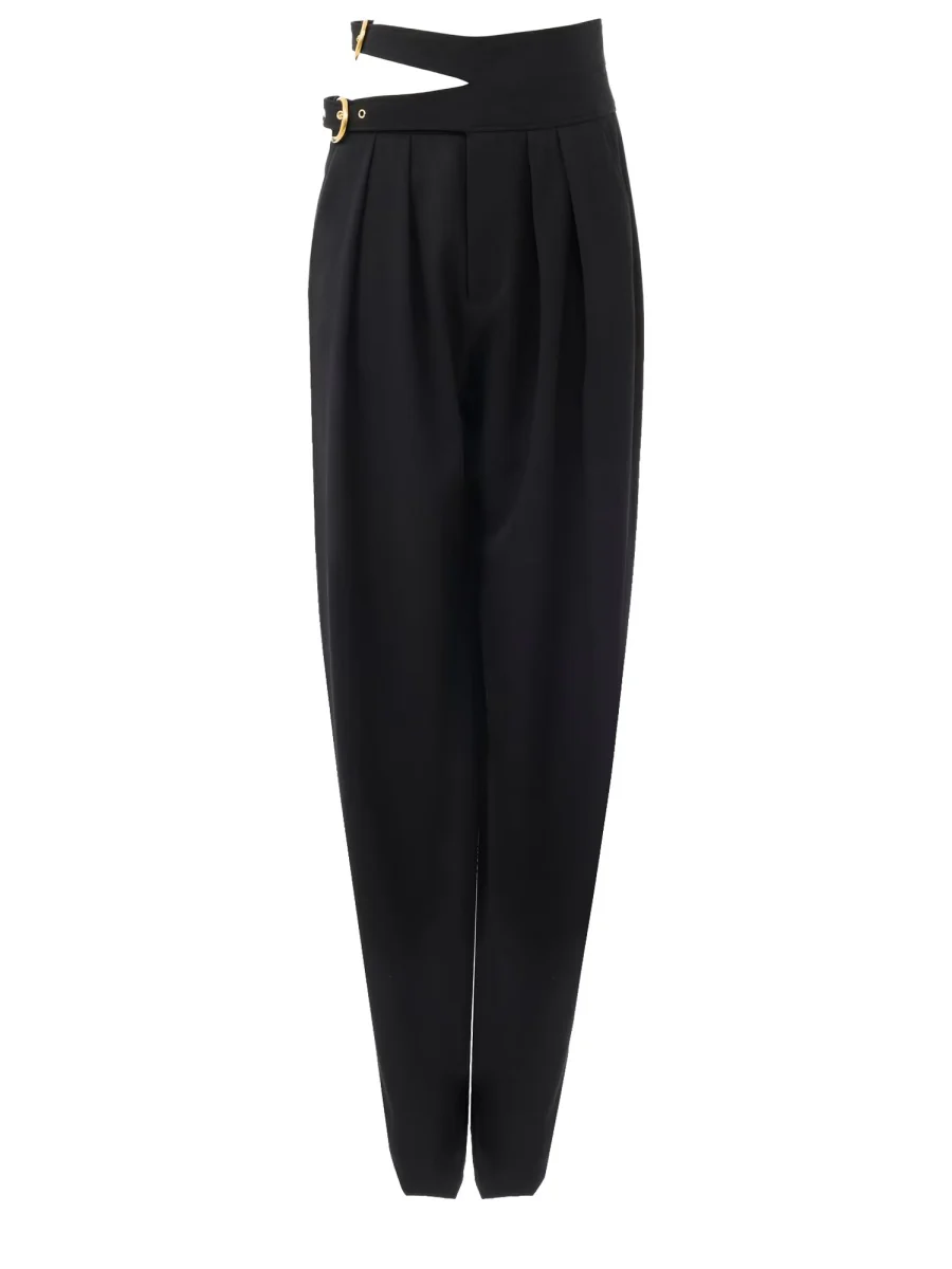 CHLOÉ High-rise Tailored Pants in Lower-impact Wool Grain de Poudre, Gathered at the Waist and Featuring Double Belts with Gold-tone Buckles