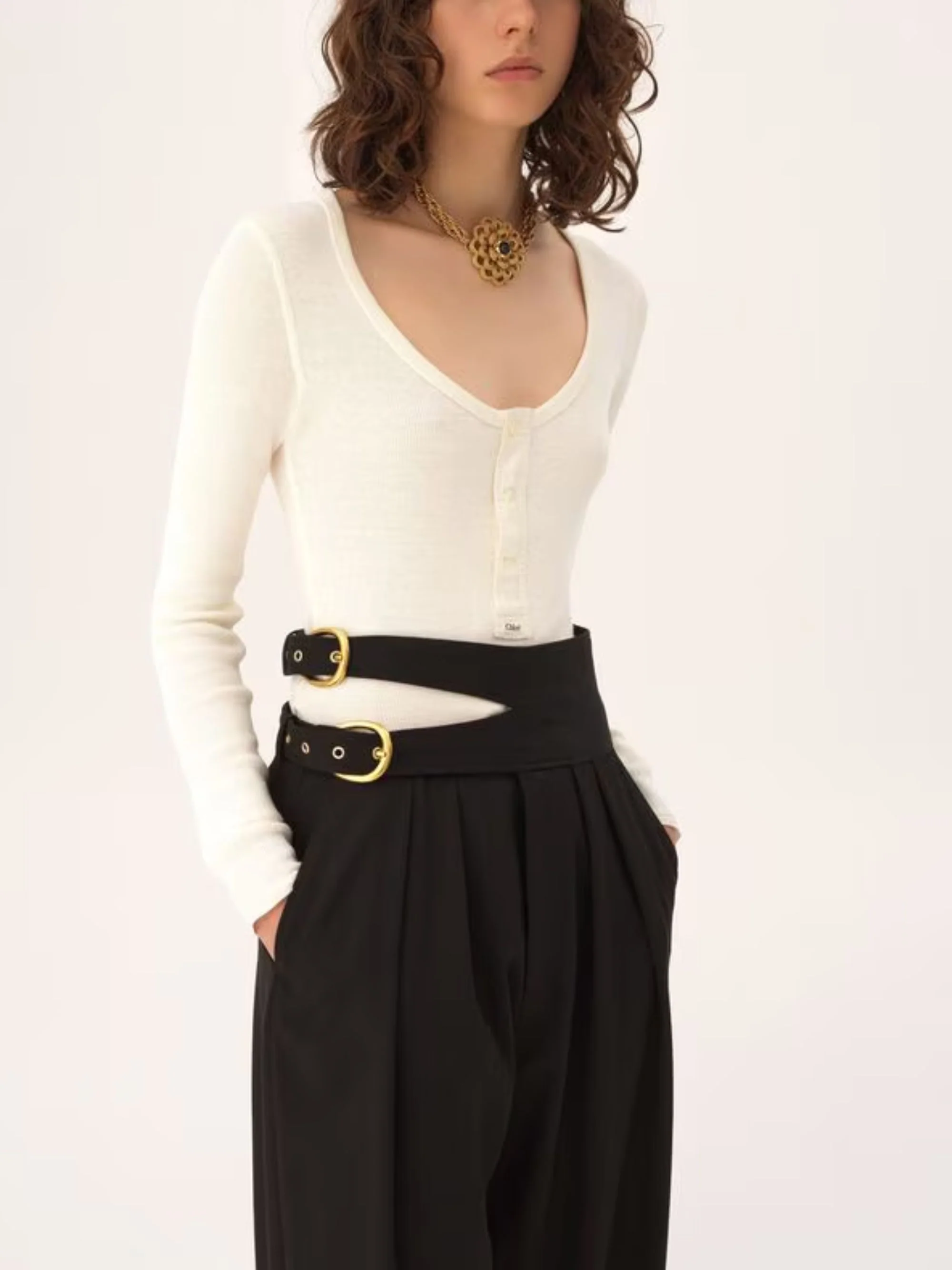 CHLOÉ Scoop-neck Henley Shirt in Cotton Jersey - Image 7