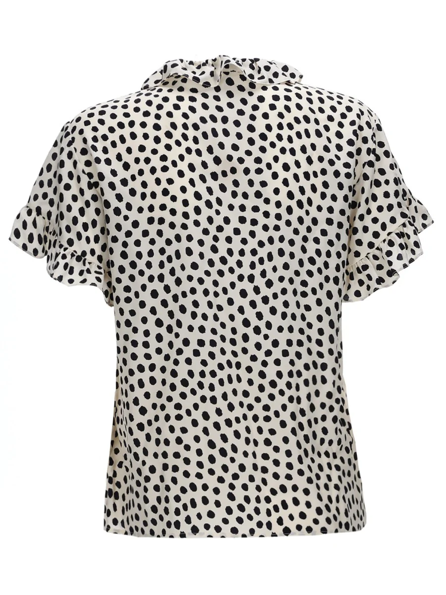 CHLOÉ Short-sleeve Ruffle Top in Organic Silk Crêpe de Chine with a Dots Print and Mother-of-pearl Buttons - Image 3