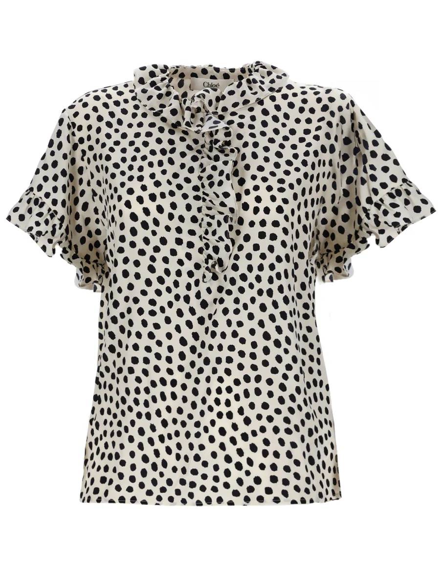 CHLOÉ Short-sleeve Ruffle Top in Organic Silk Crêpe de Chine with a Dots Print and Mother-of-pearl Buttons - Image 4