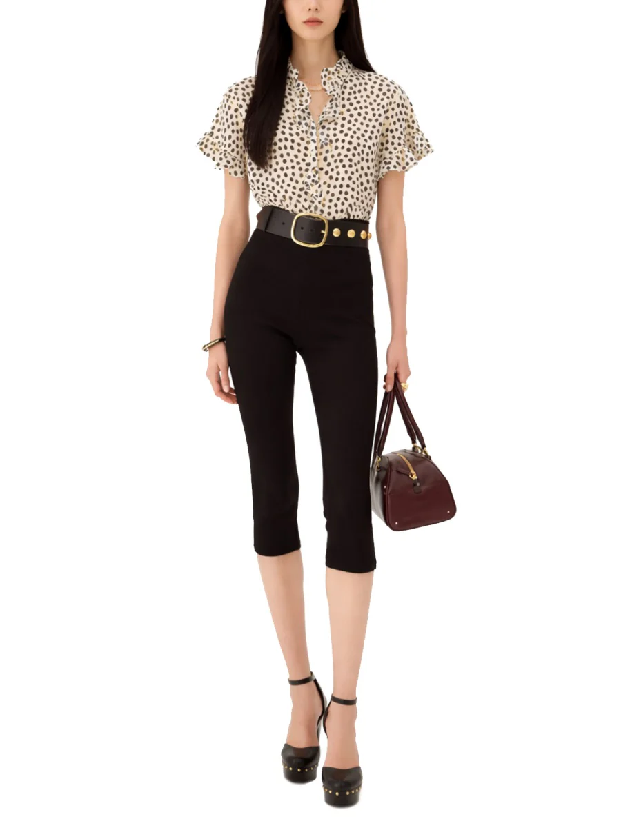 CHLOÉ Short-sleeve Ruffle Top in Organic Silk Crêpe de Chine with a Dots Print and Mother-of-pearl Buttons - Image 5