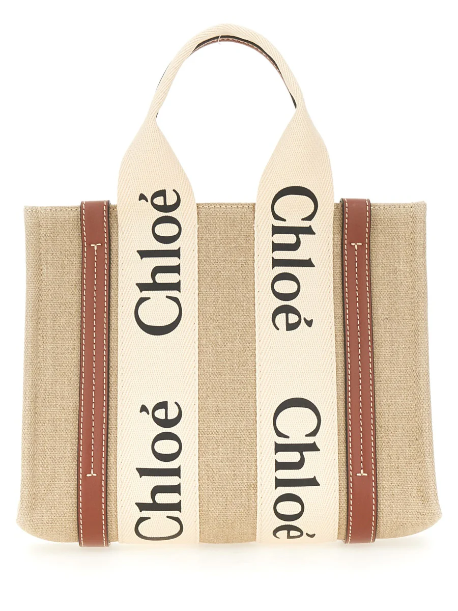 CHLOÉ Woody Mini Leather-trimmed Linen Tote