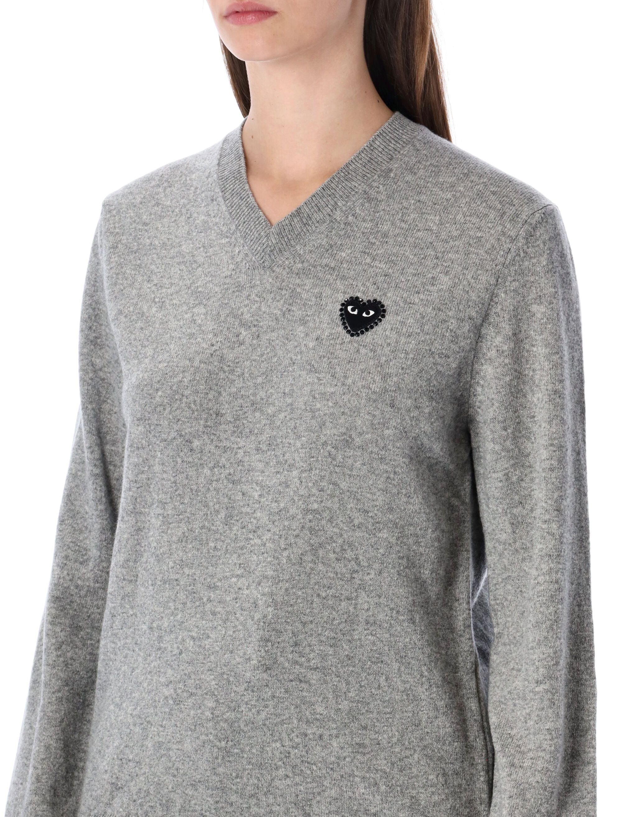 COMME DES GARCONS PLAY Wool V-neck Sweater with Heart and Crystals - Image 3