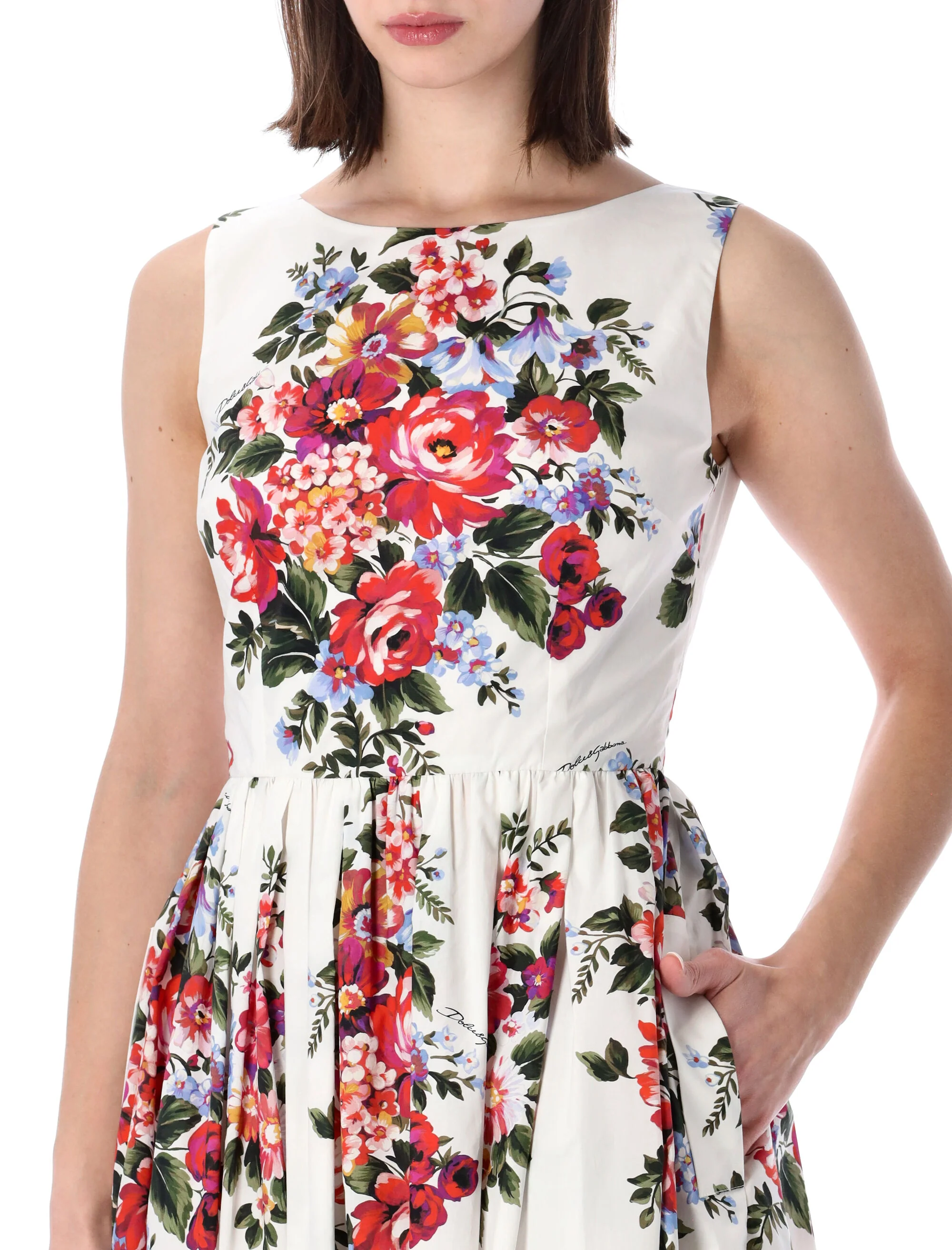 Dolce & Gabbana Floral Print Cotton Dress with Boat Neckline and Scarf Belt - Size 42 - Image 3