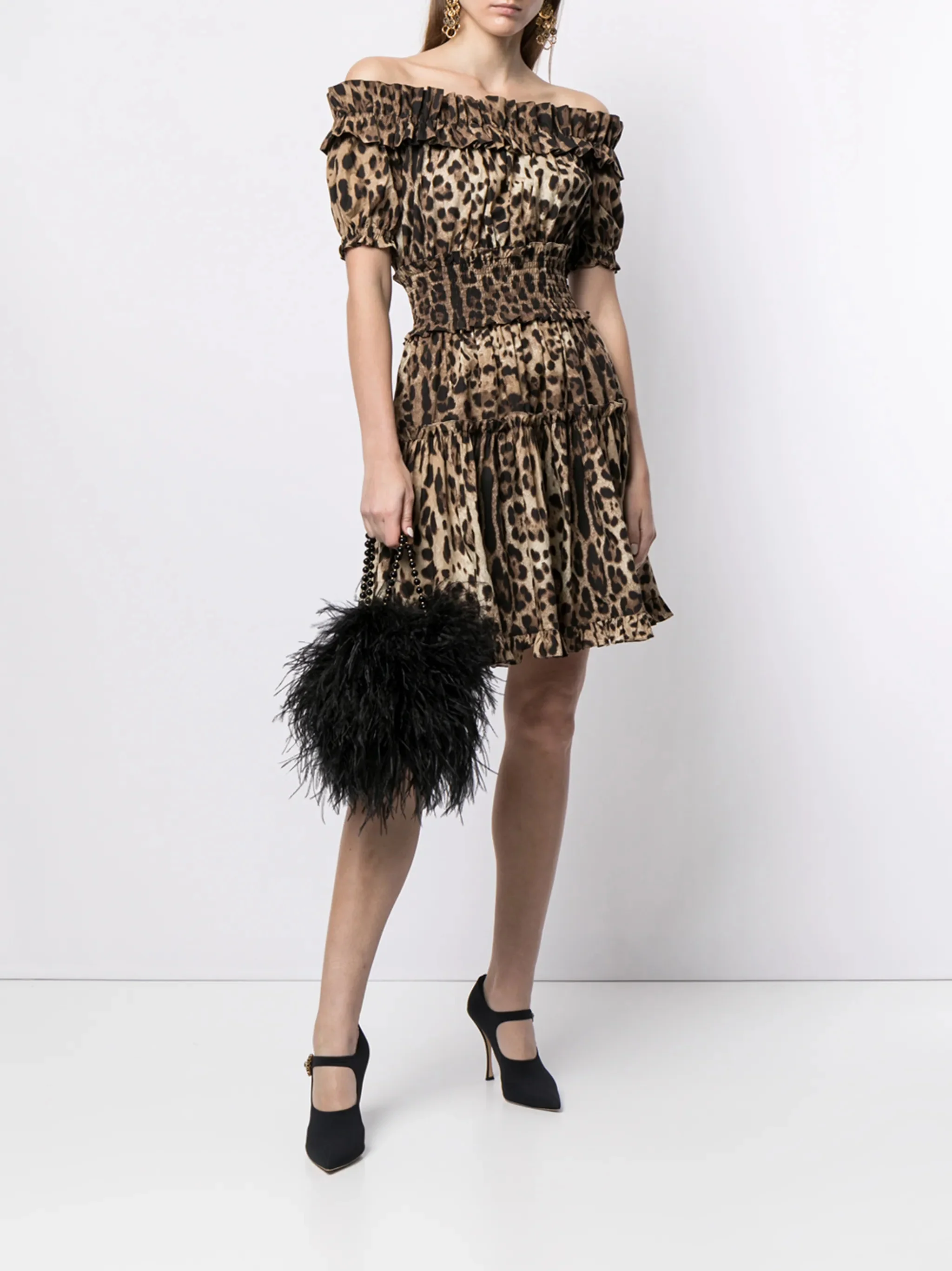 Dolce & Gabbana Mini Off-the-Shoulder Dress with Ruches and Puff Sleeves - Image 2
