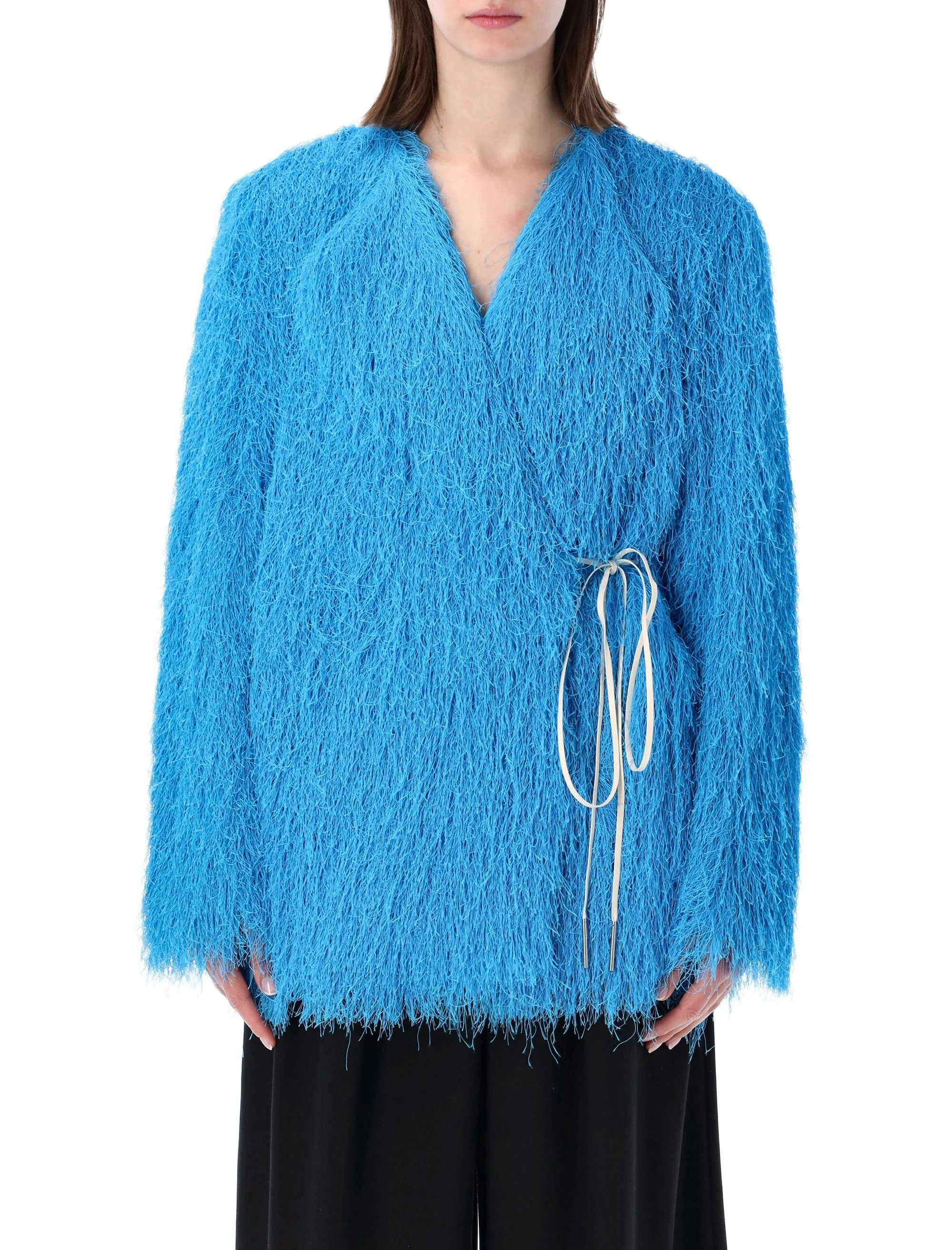 Dries Van Noten Sophisticated Fringed Jacket with Front Tie Closure - Size S