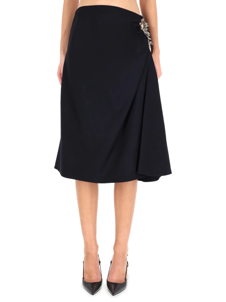 DRIES VAN NOTEN Wool Skirt with Rhinestone Application on the Side and Draping on the Front - Image 3