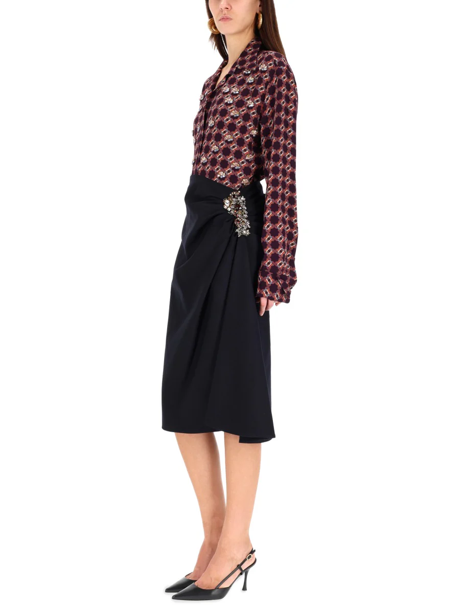 DRIES VAN NOTEN Wool Skirt with Rhinestone Application on the Side and Draping on the Front - Image 4