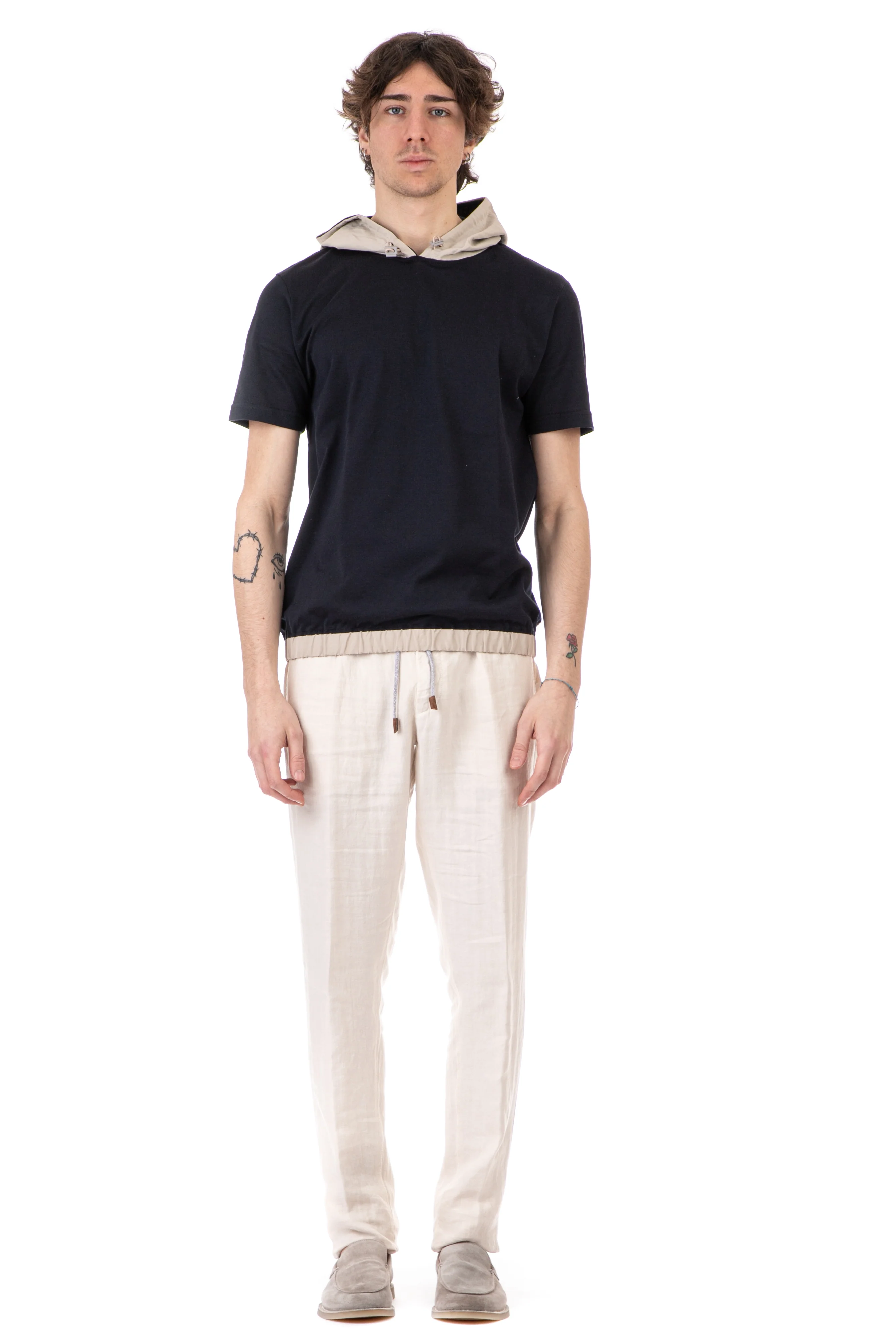 Eleventy Bi-Material Hooded T-Shirt for Men