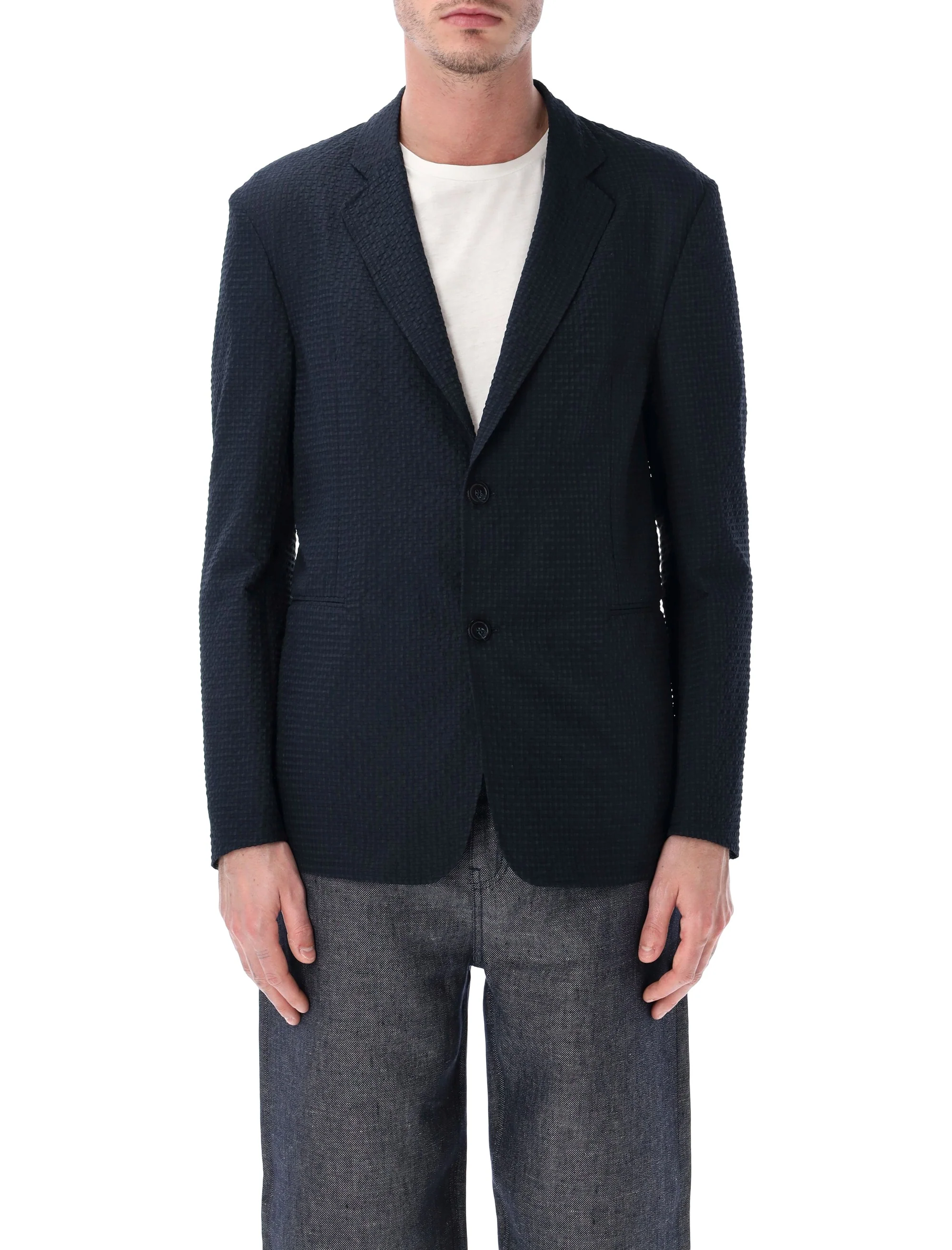 Emporio Armani Giacca Monopetto in Seersucker Tecnico Con Scollo Rever
