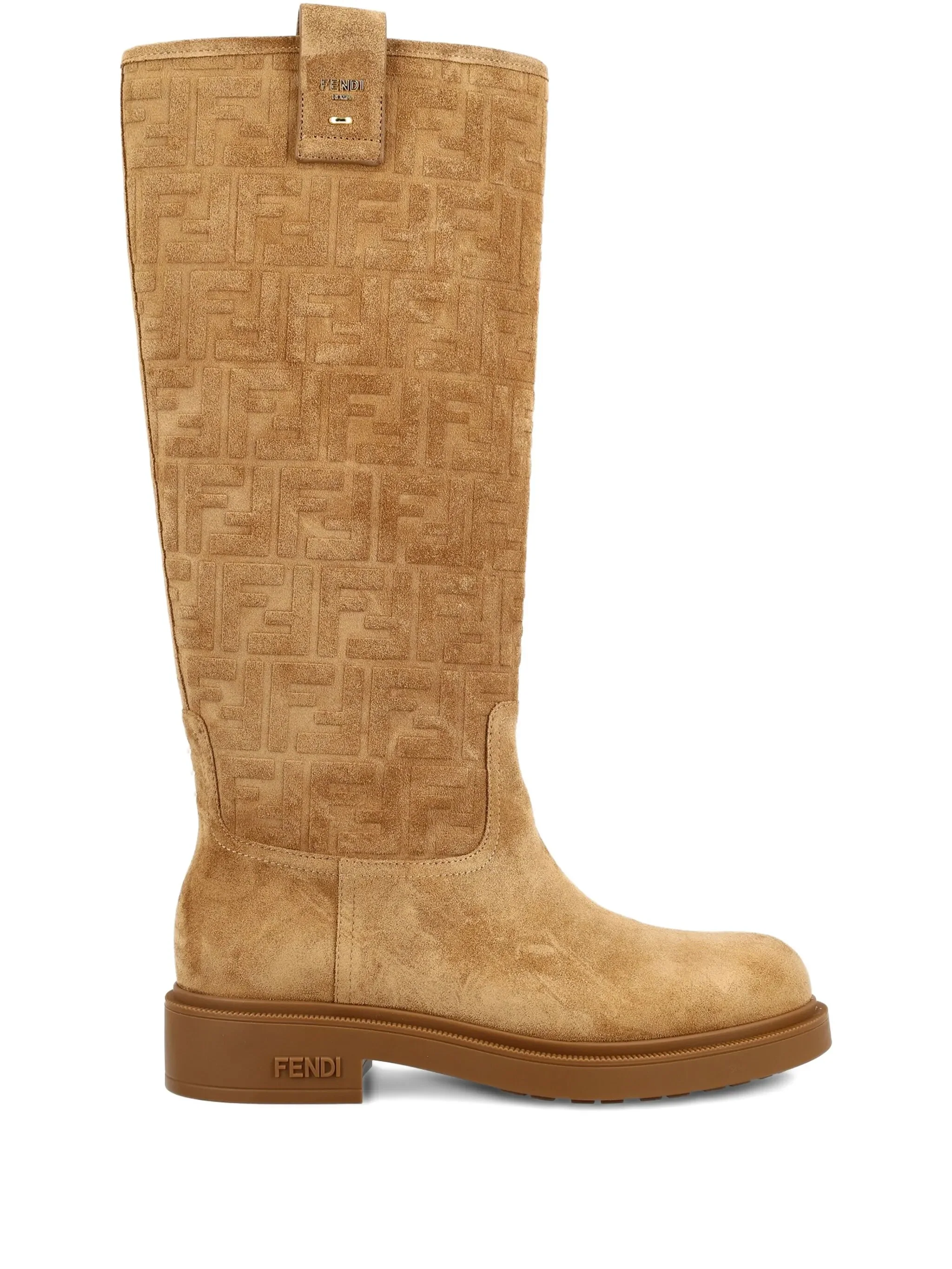 Fendi Round-Toe Tube Boot with Embossed Motif and Metal Accents - 35mm Heel Height