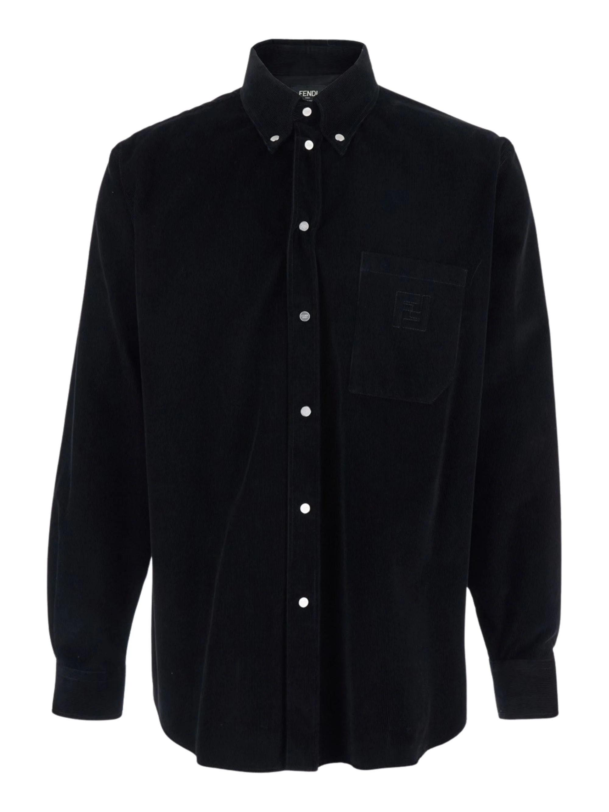 Fendi Shirt with Button-Down Collar and FF Embroidery on Front in Ribbed Cotton for Men