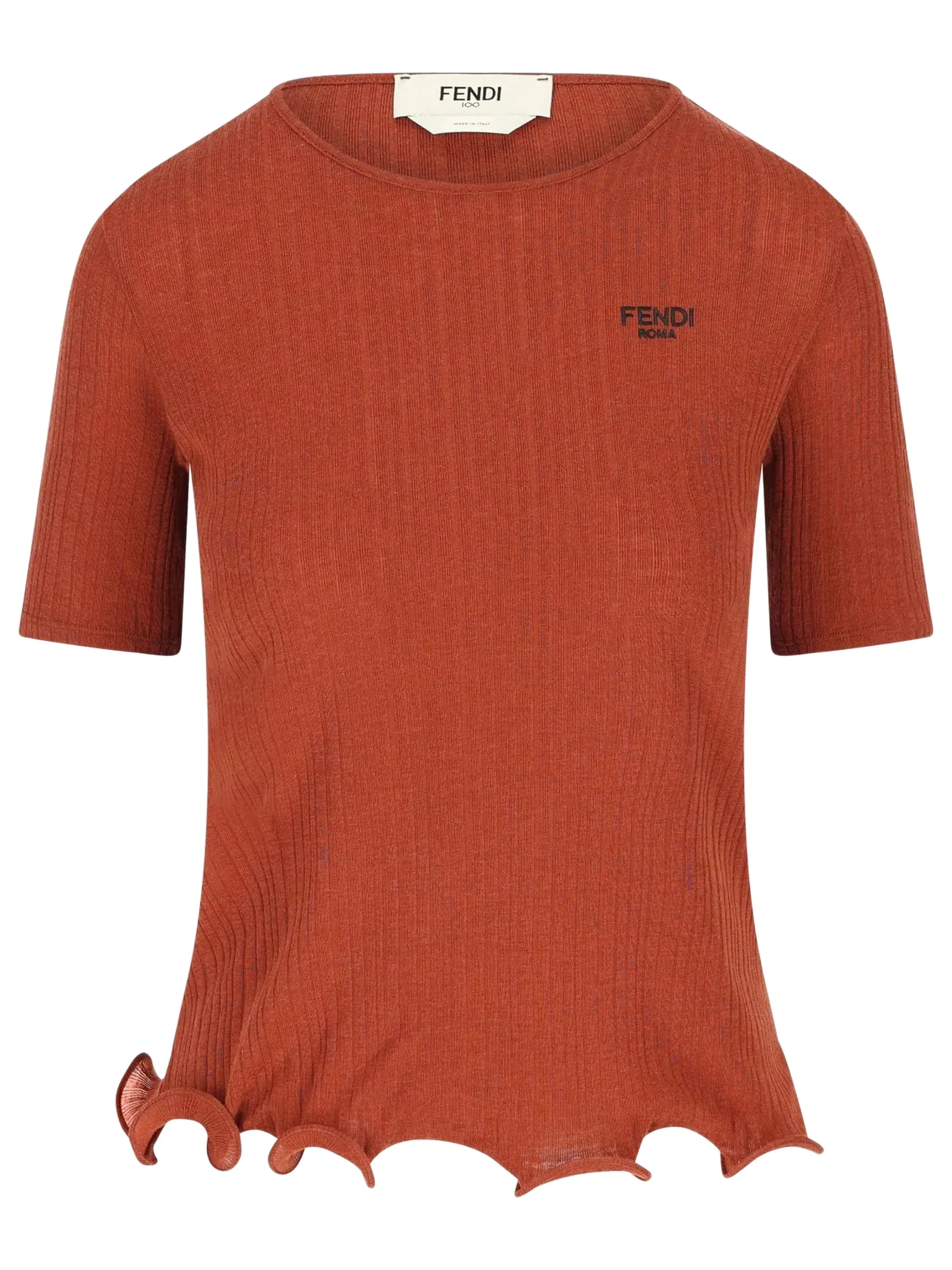 Fendi Women's Ribbed Knit Crew Neck Top with Wave Hem and Logo Embroidery