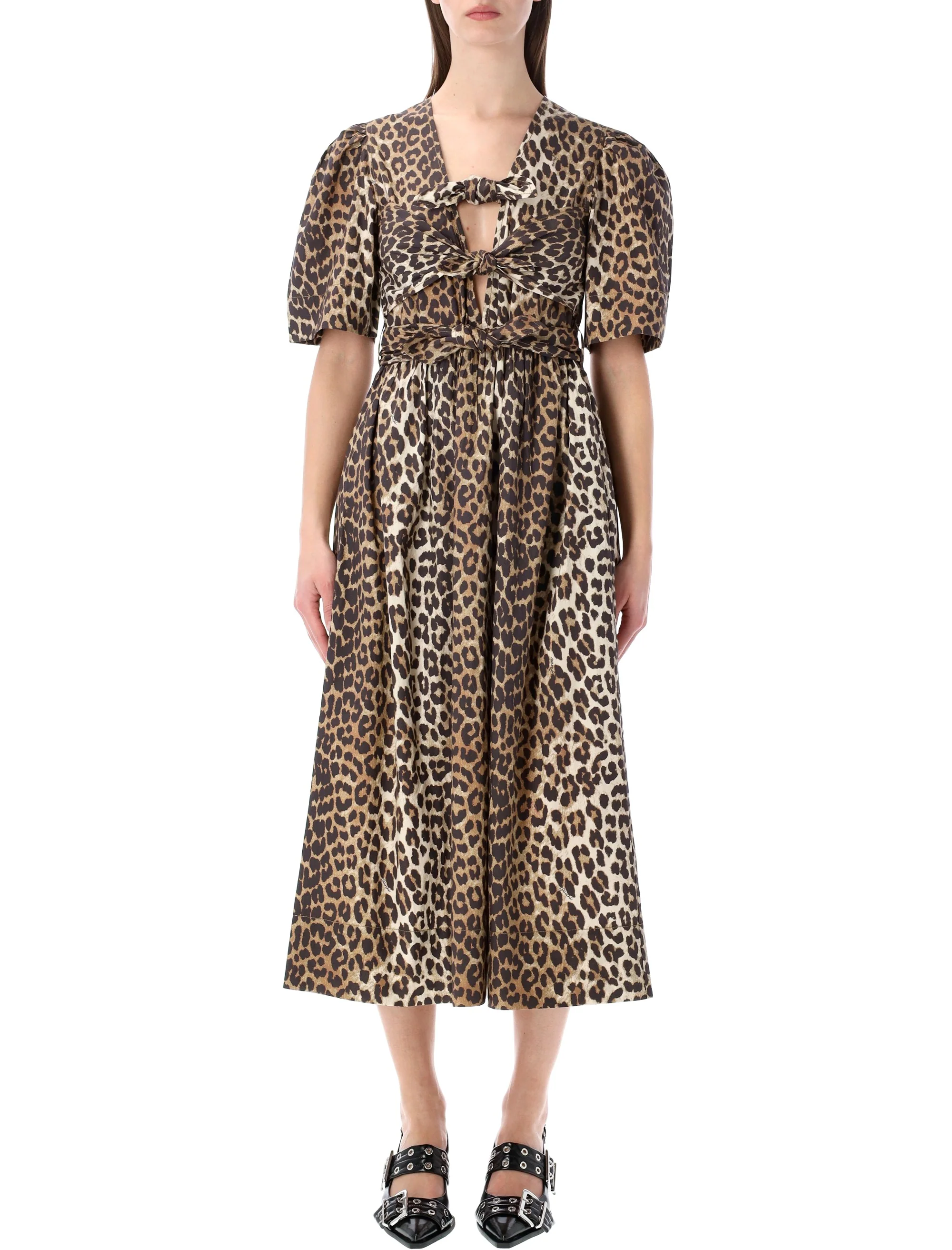 GANNI Belted Bow-embellished Leopard-print Cotton-poplin Midi Dress