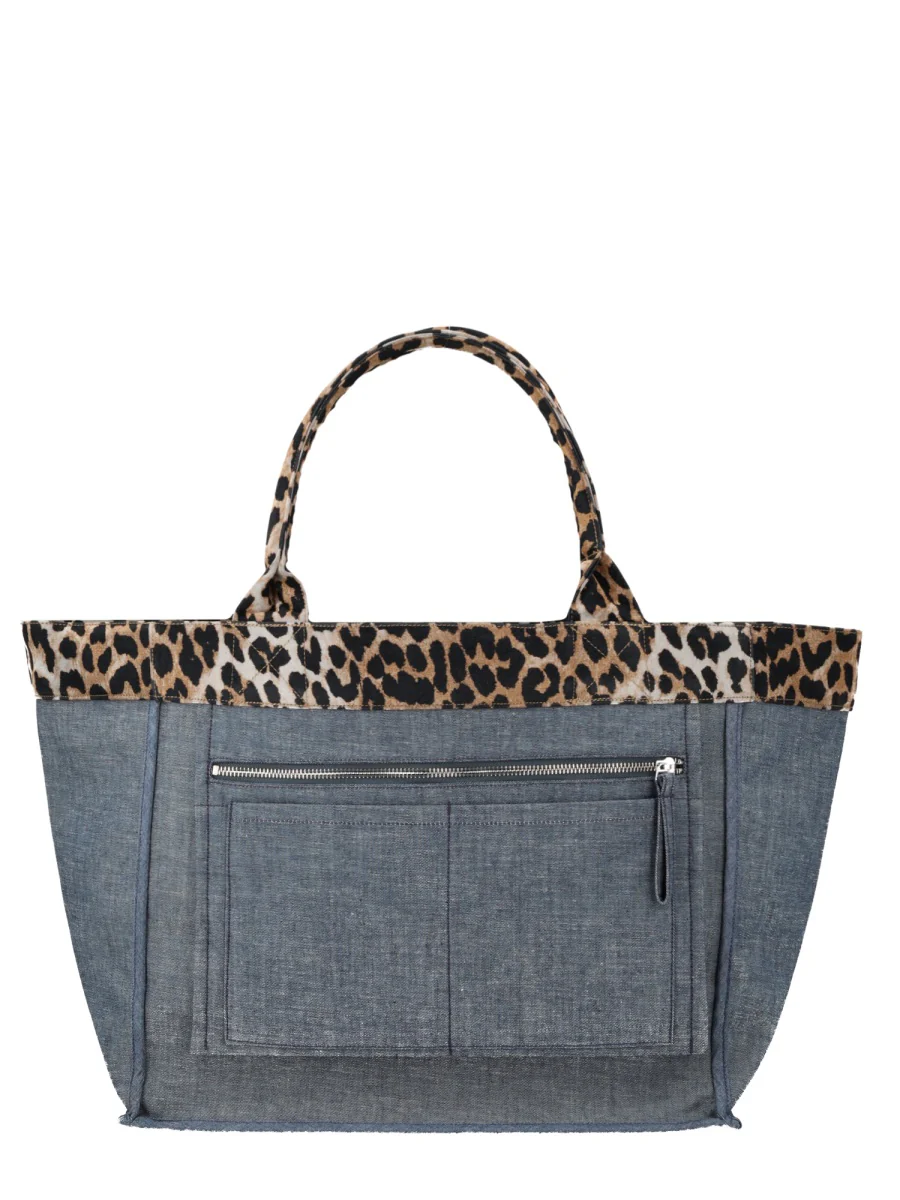 GANNI Embroidered Animal-print Denim Tote Bag