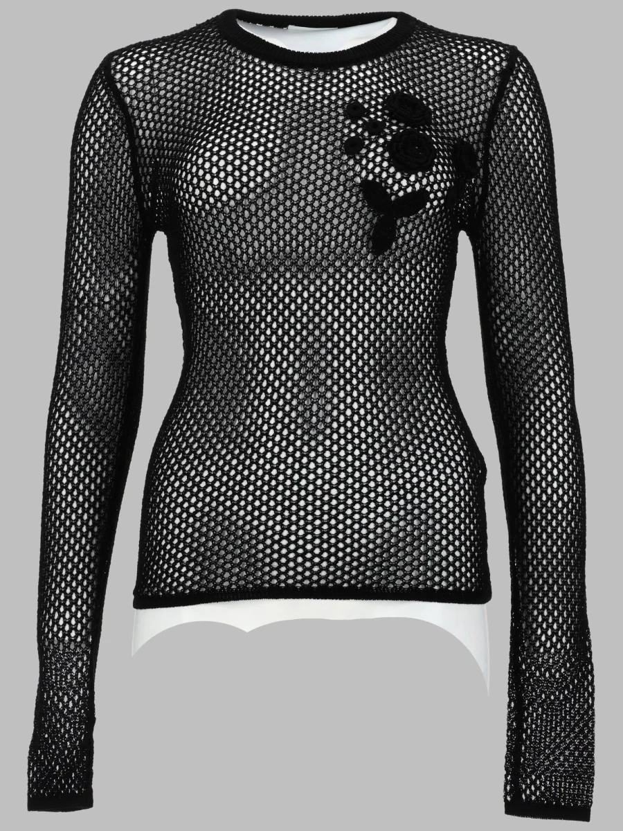 Ganni Long Sleeve Mesh T-Shirt with Floral Embellishments