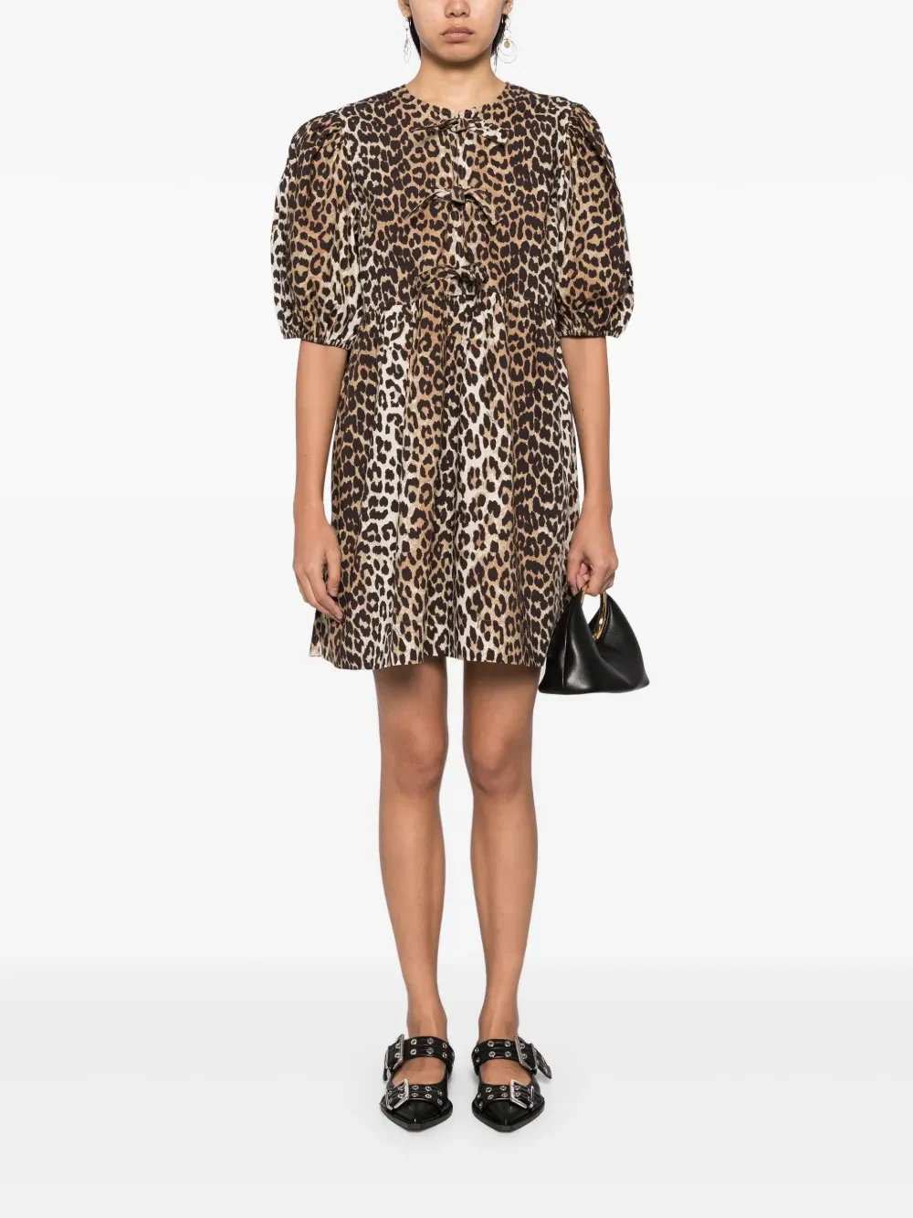 Ganni Mini Printed Dress with Front Bow Closure - Image 2