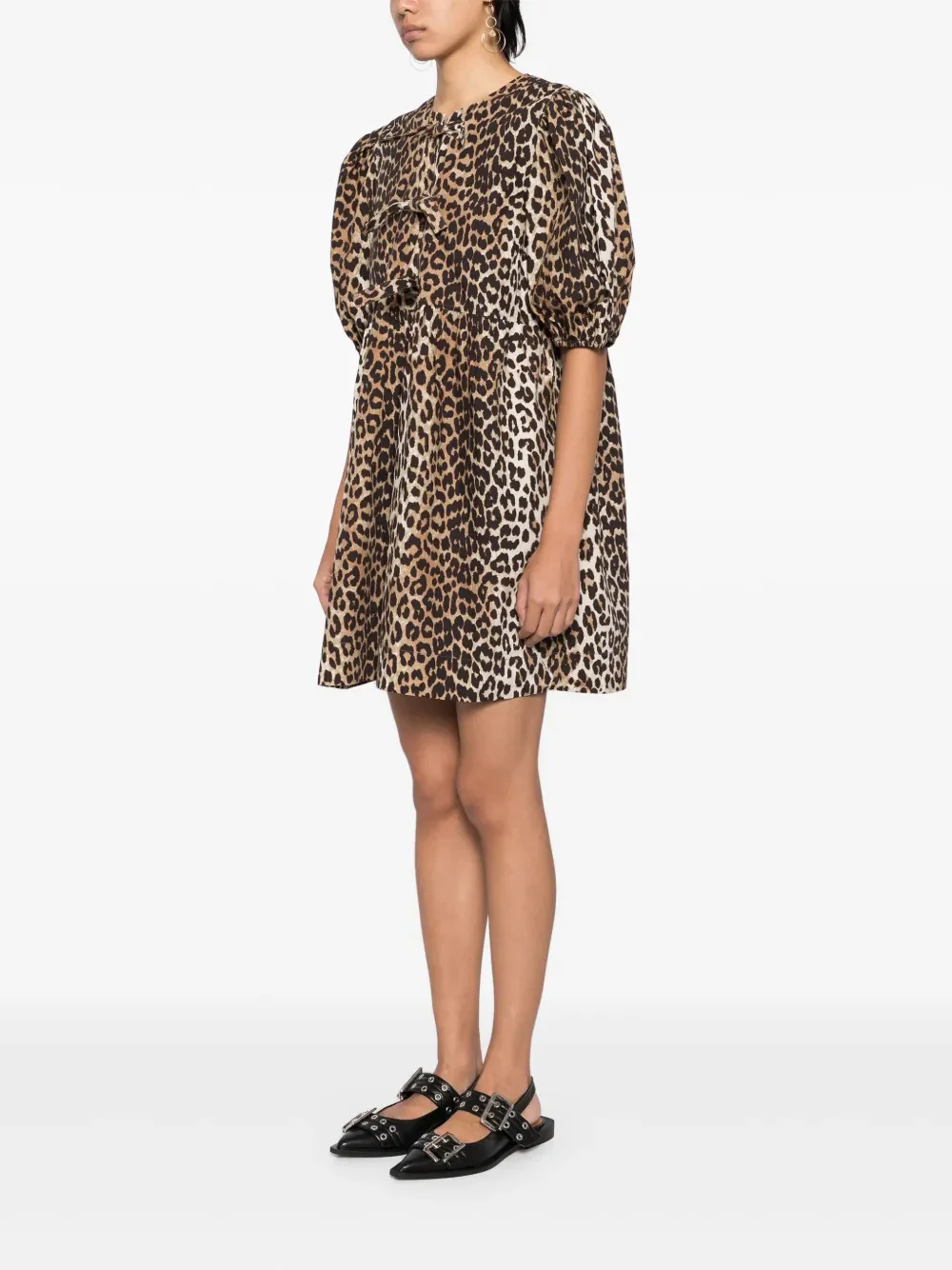 Ganni Mini Printed Dress with Front Bow Closure - Image 3