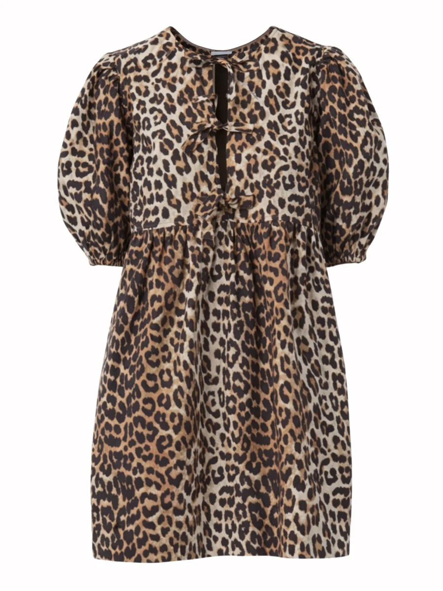 GANNI Printed Cotton Tie String Mini Dress Leopard