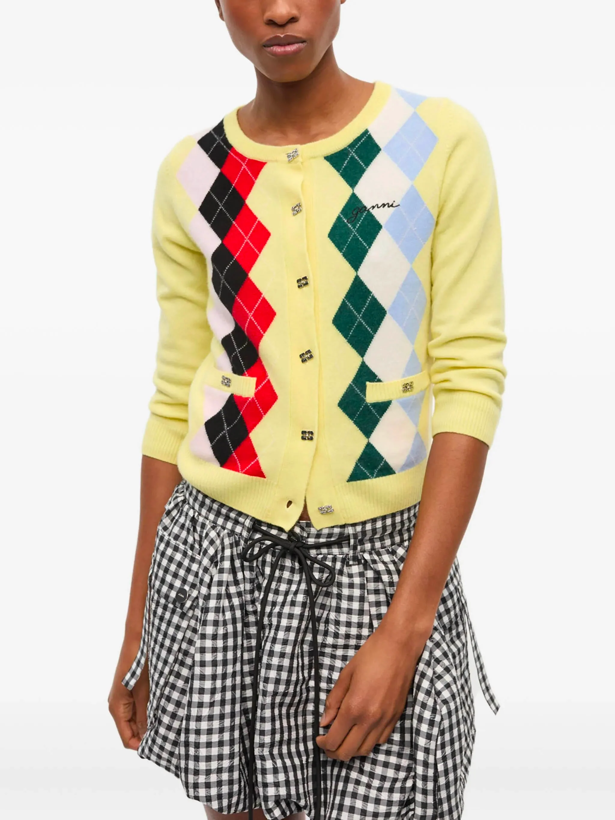 Ganni Round Neck Long Sleeve Sweater with Silver Button Closure - Size S - Image 3