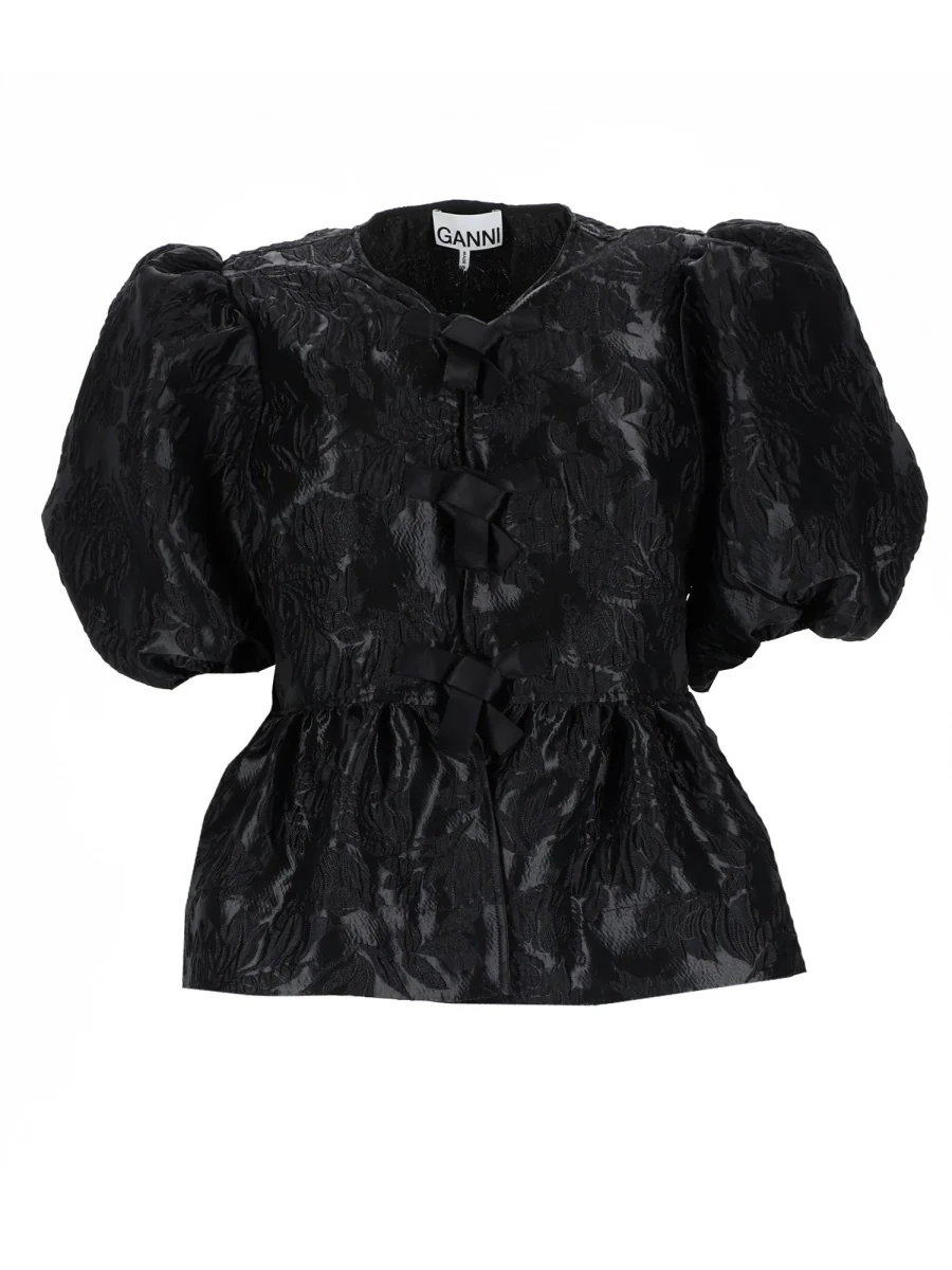 GANNI Satin Peplum Tie Blouse