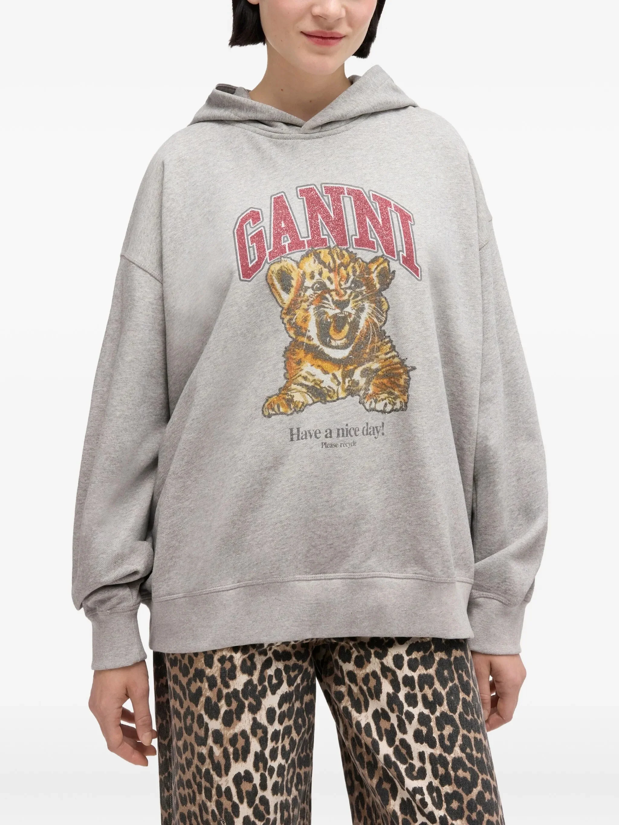 Ganni Tiger Print Logo Sweatshirt with Ribbed Cuffs - Size S - Image 3