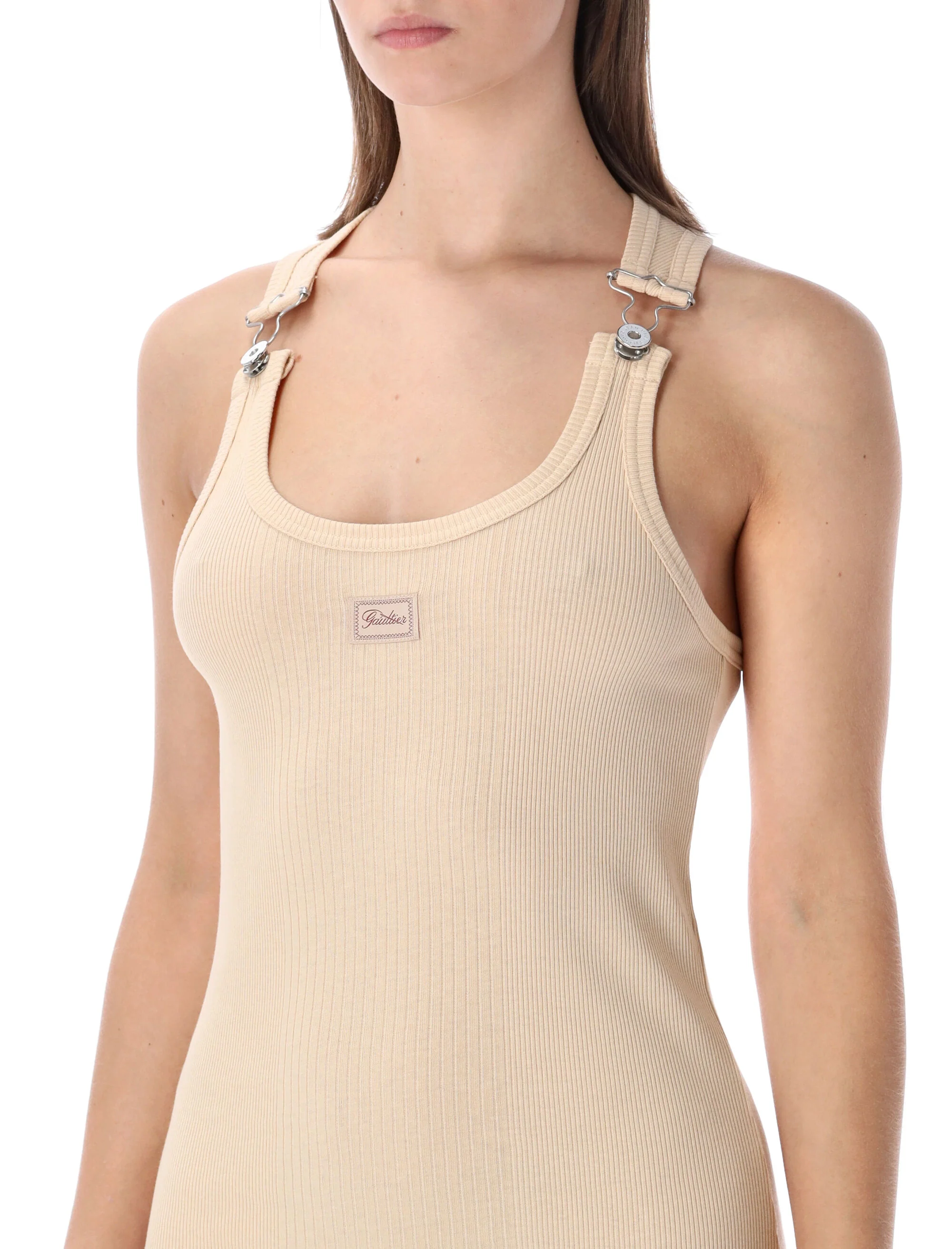 Jean Paul Gaultier Minimalist Ribbed Mini Dress with Metal Buckles - Slim Fit - Image 3