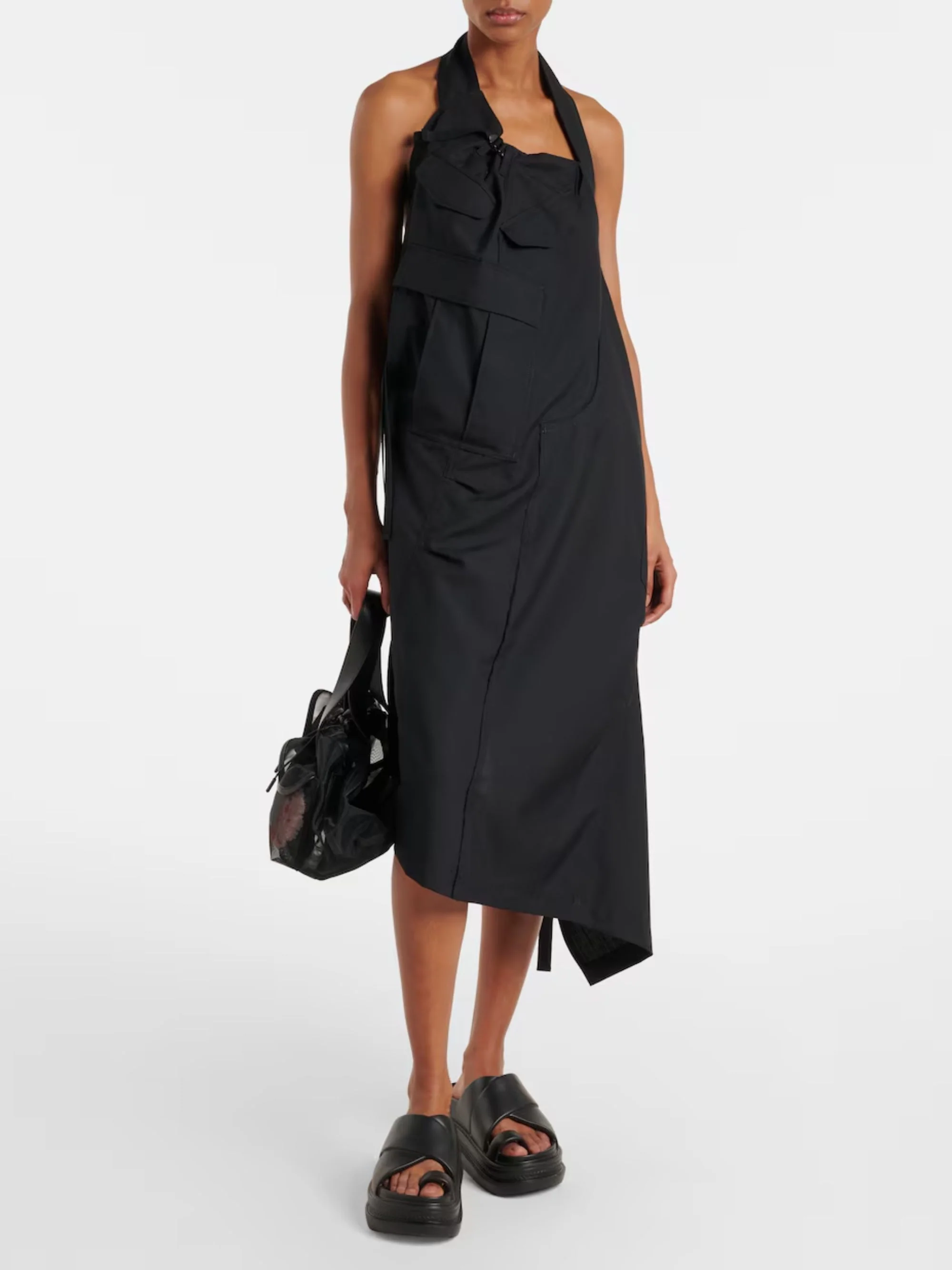 Junya Watanabe Chic Wool Midi Dress with Halterneck and Utility Pockets - Image 2