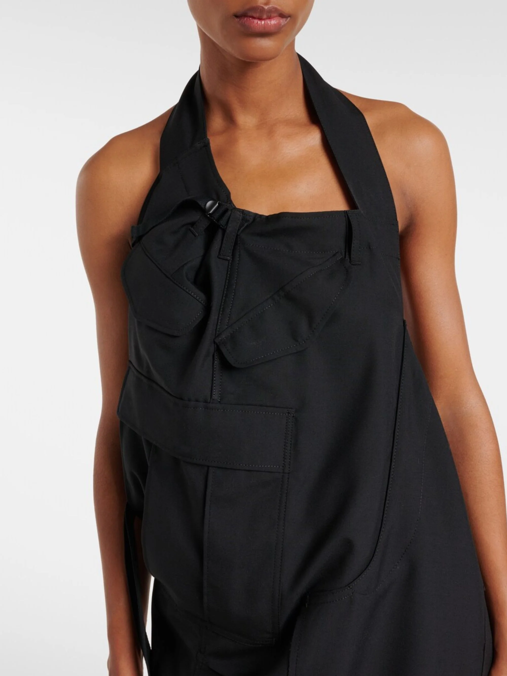Junya Watanabe Chic Wool Midi Dress with Halterneck and Utility Pockets - Image 4