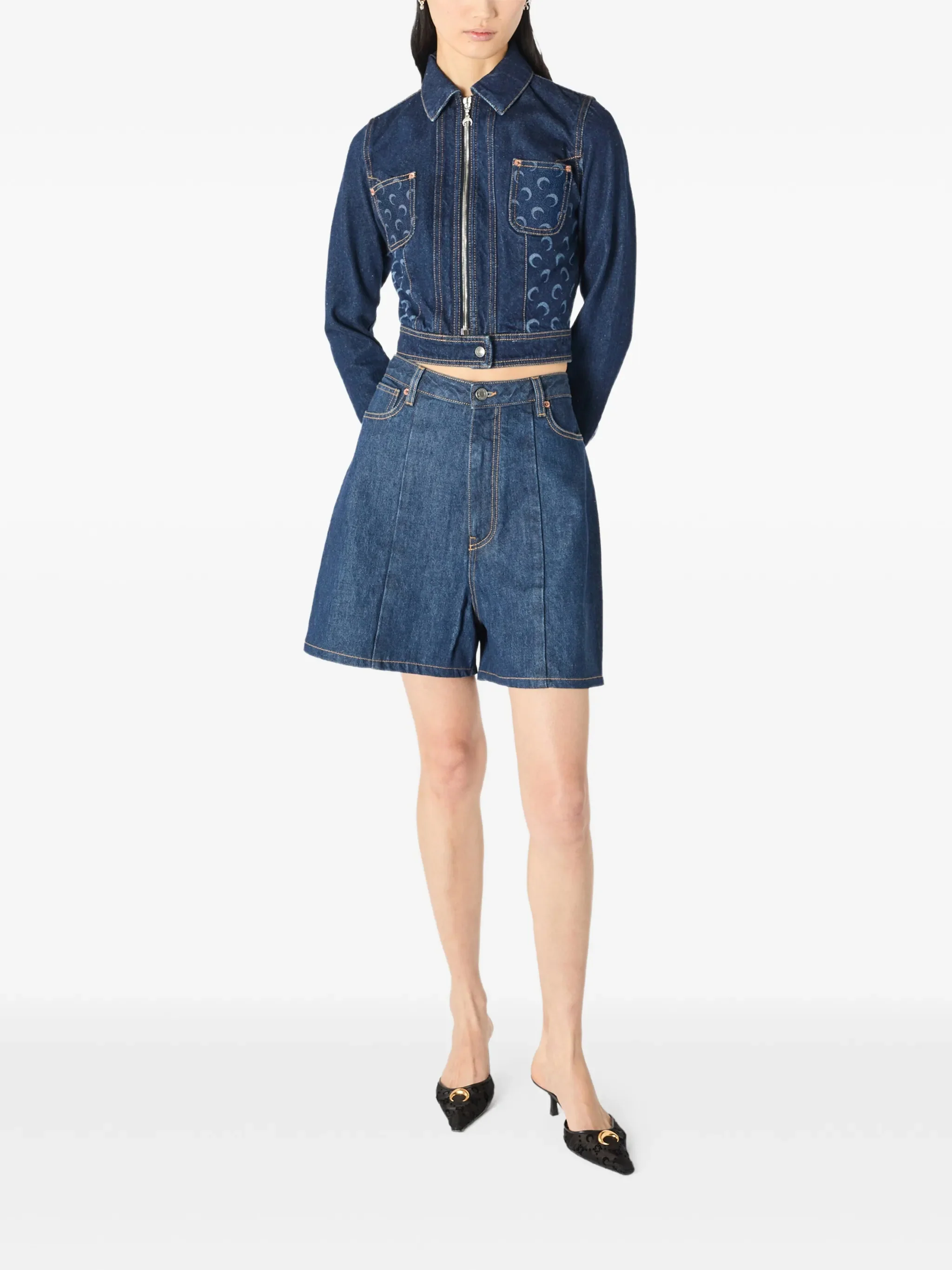 Marine Serre High-Waisted Mini Shorts with Double Zip Detail