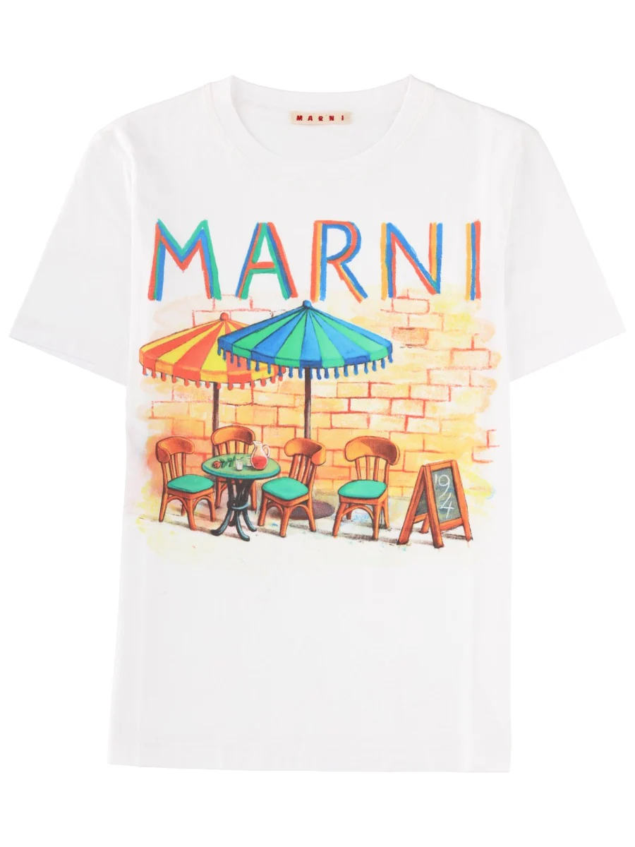 MARNI Cotton T-shirt with Bar Postcard Print