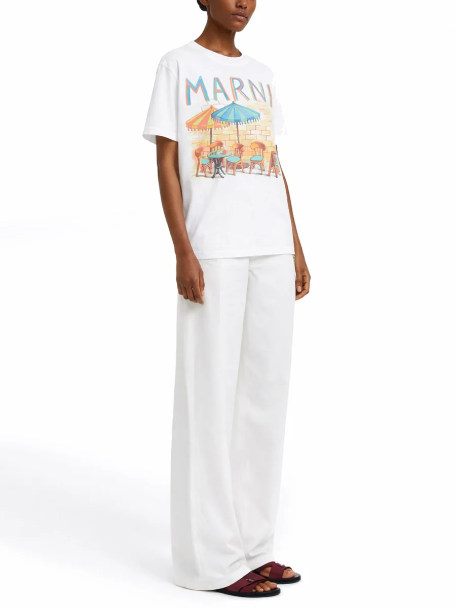 MARNI Cotton T-shirt with Bar Postcard Print - Image 3