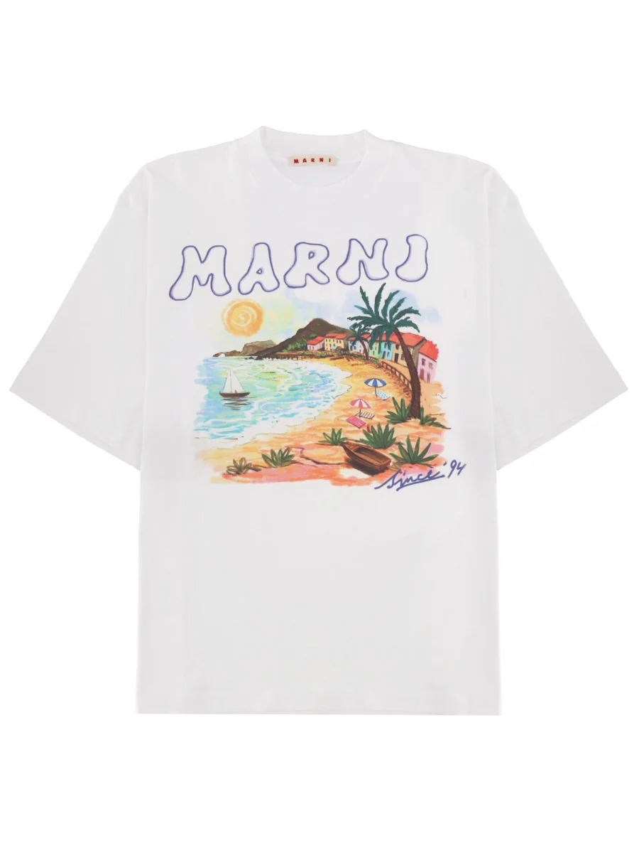 MARNI Cotton T-shirt with Beach Postcard Print